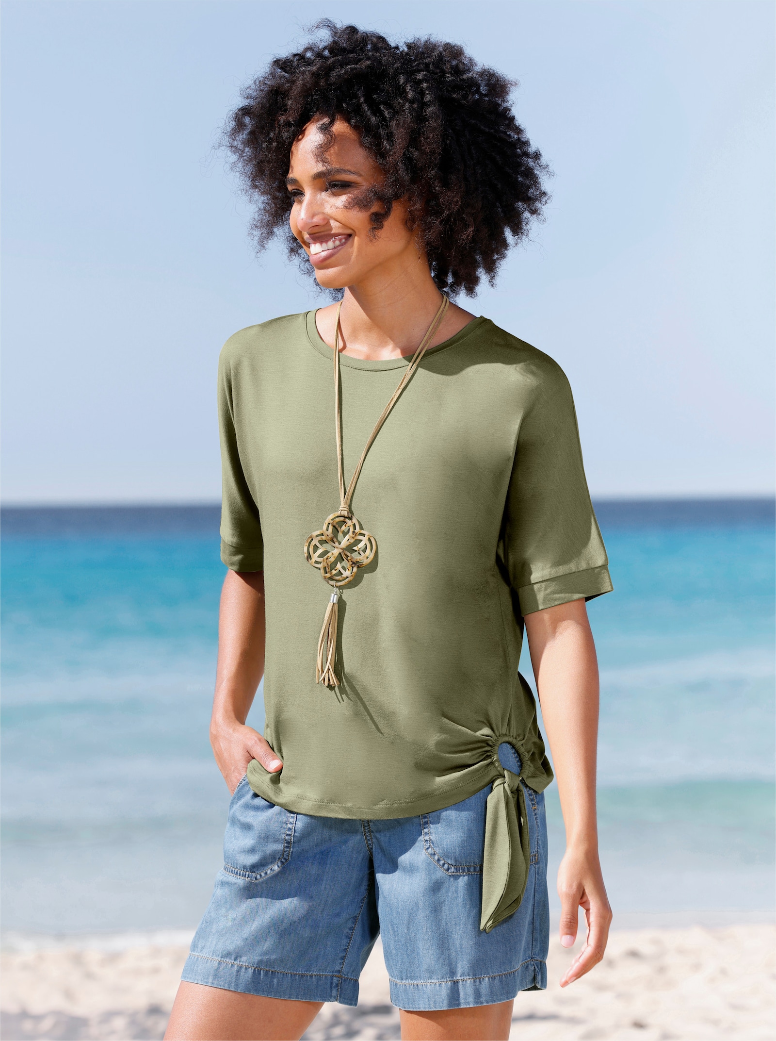 heine Rundhalsshirt mit Knoten-Detail am Saum - khaki