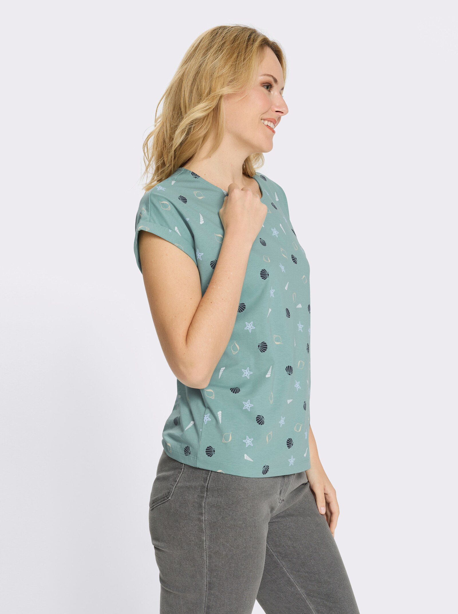 Rundhalsshirt mit maritimem Druckmuster - salbei-marine-bedruckt