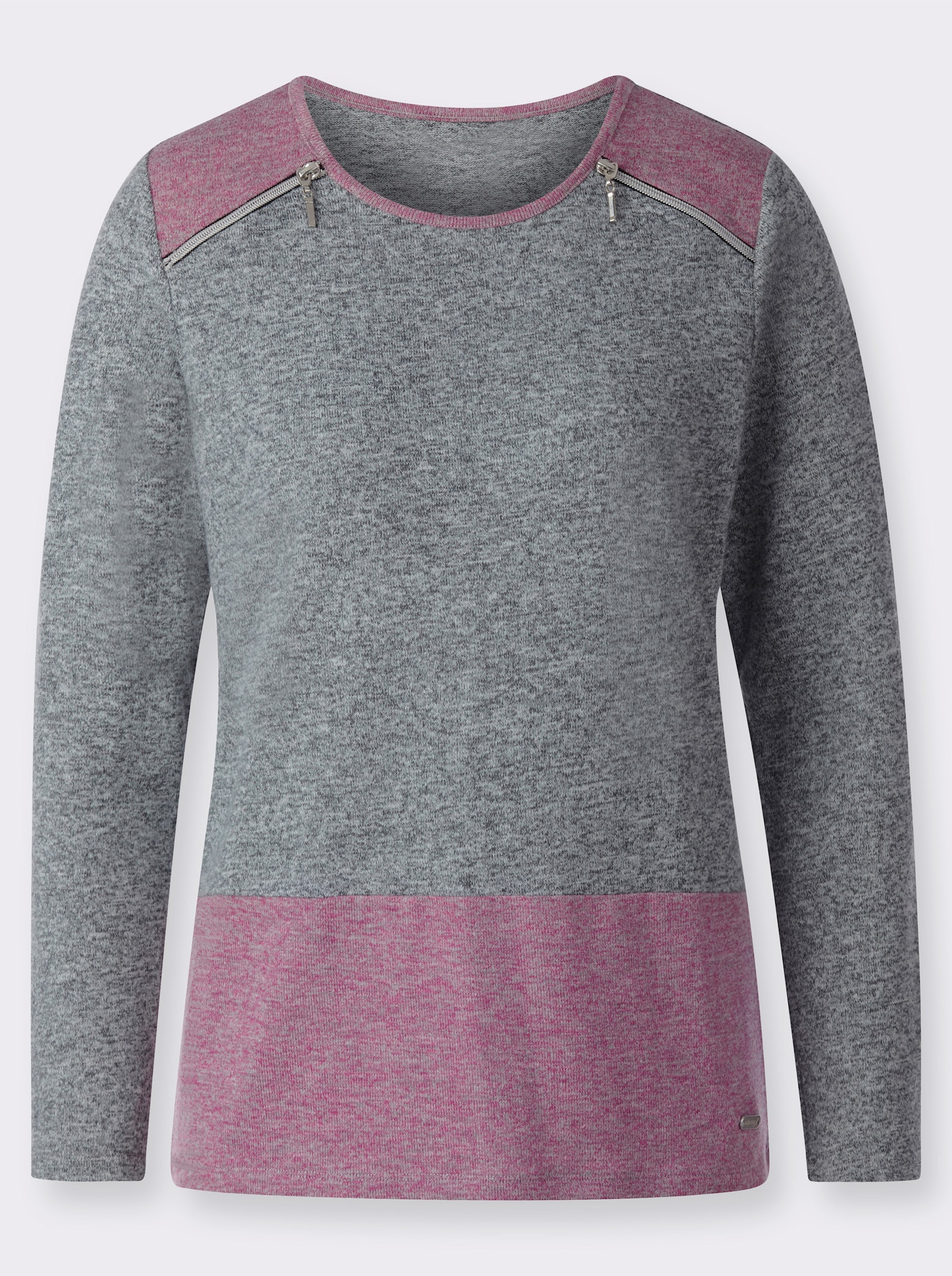 Shirt met ronde hals en sierritssluitingen - grijs/malve gedessineerd