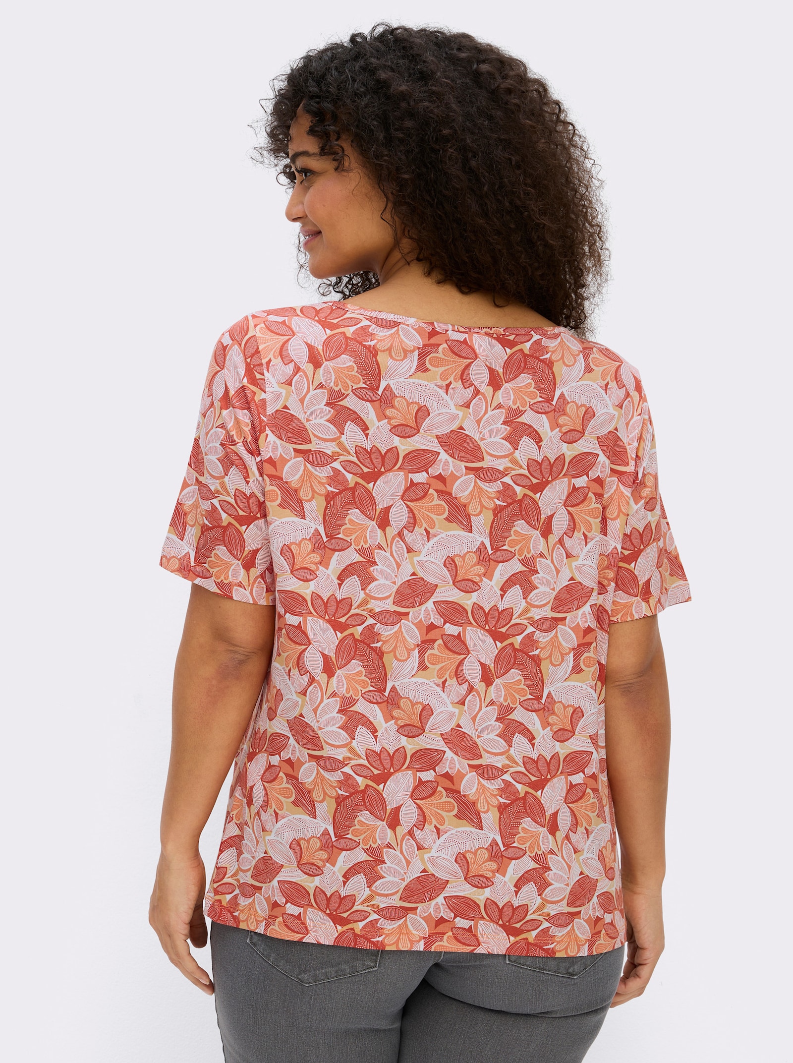 Print-Shirt mit paspeliertem U-Boot-Ausschnitt - papaya-apricot-bedruckt