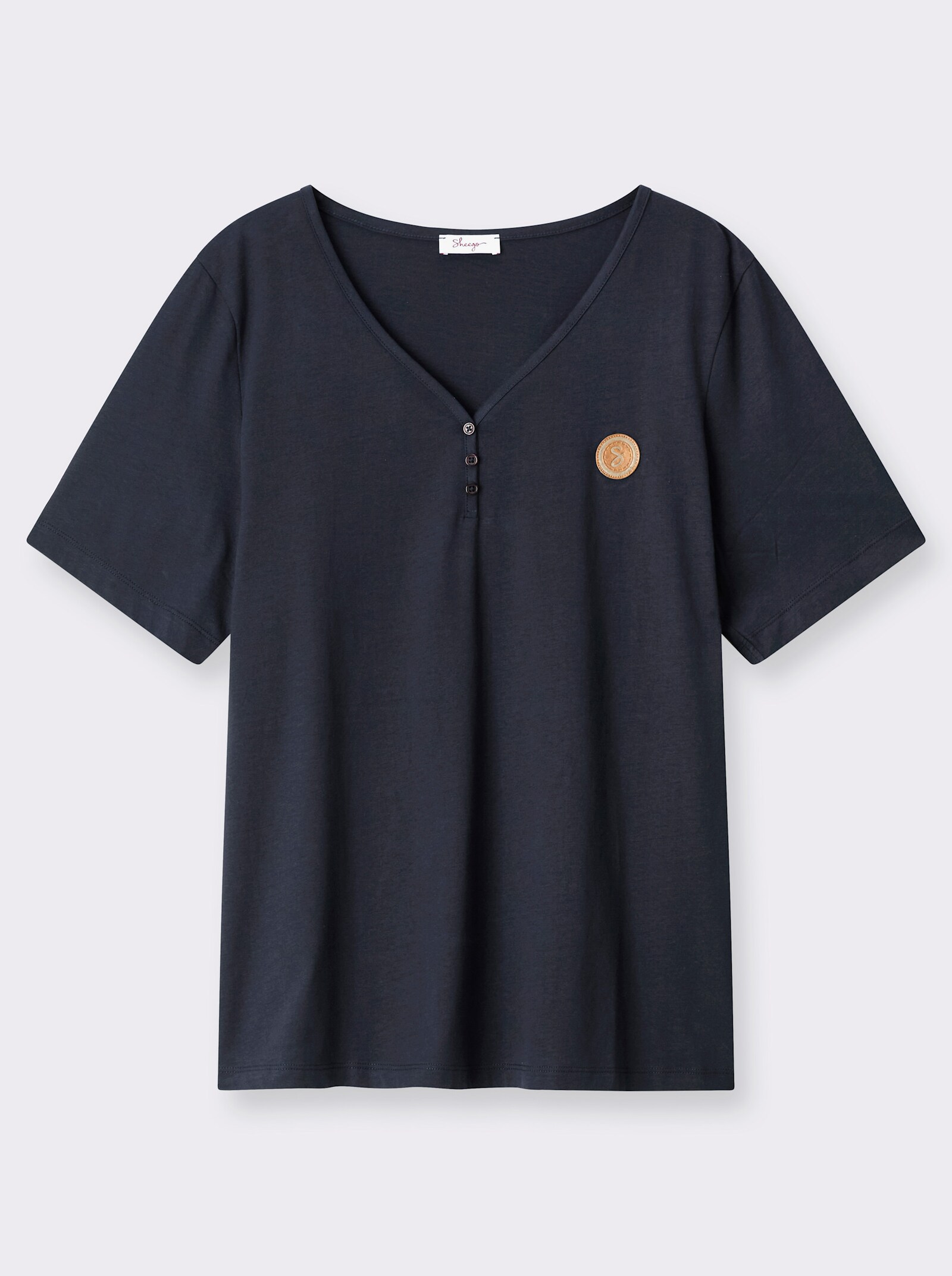 sheego Shirt met V-hals en korte sierknoopsluiting - diepblauw