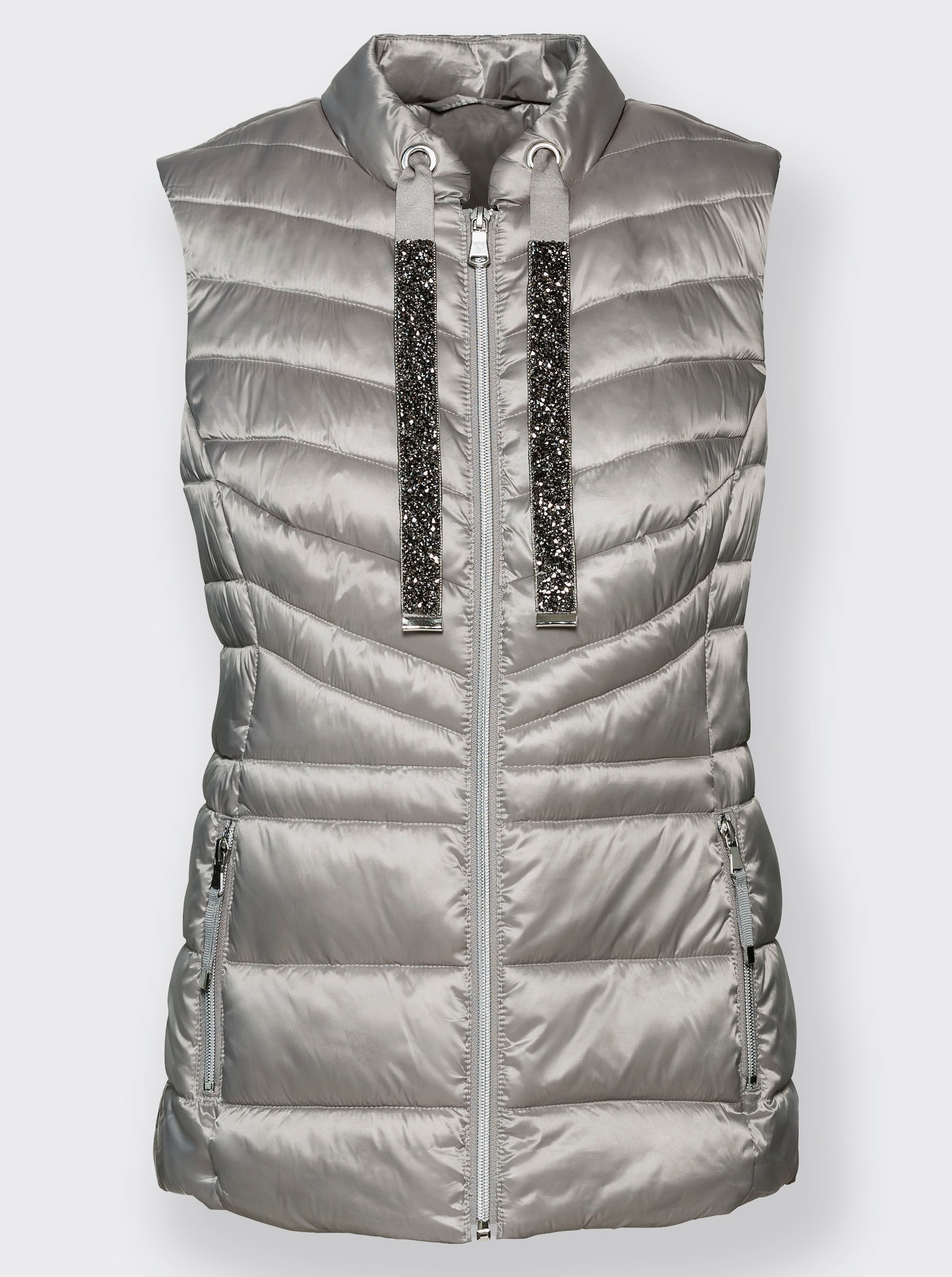 Bodywarmer met glittersteentjes op de sierband - taupe