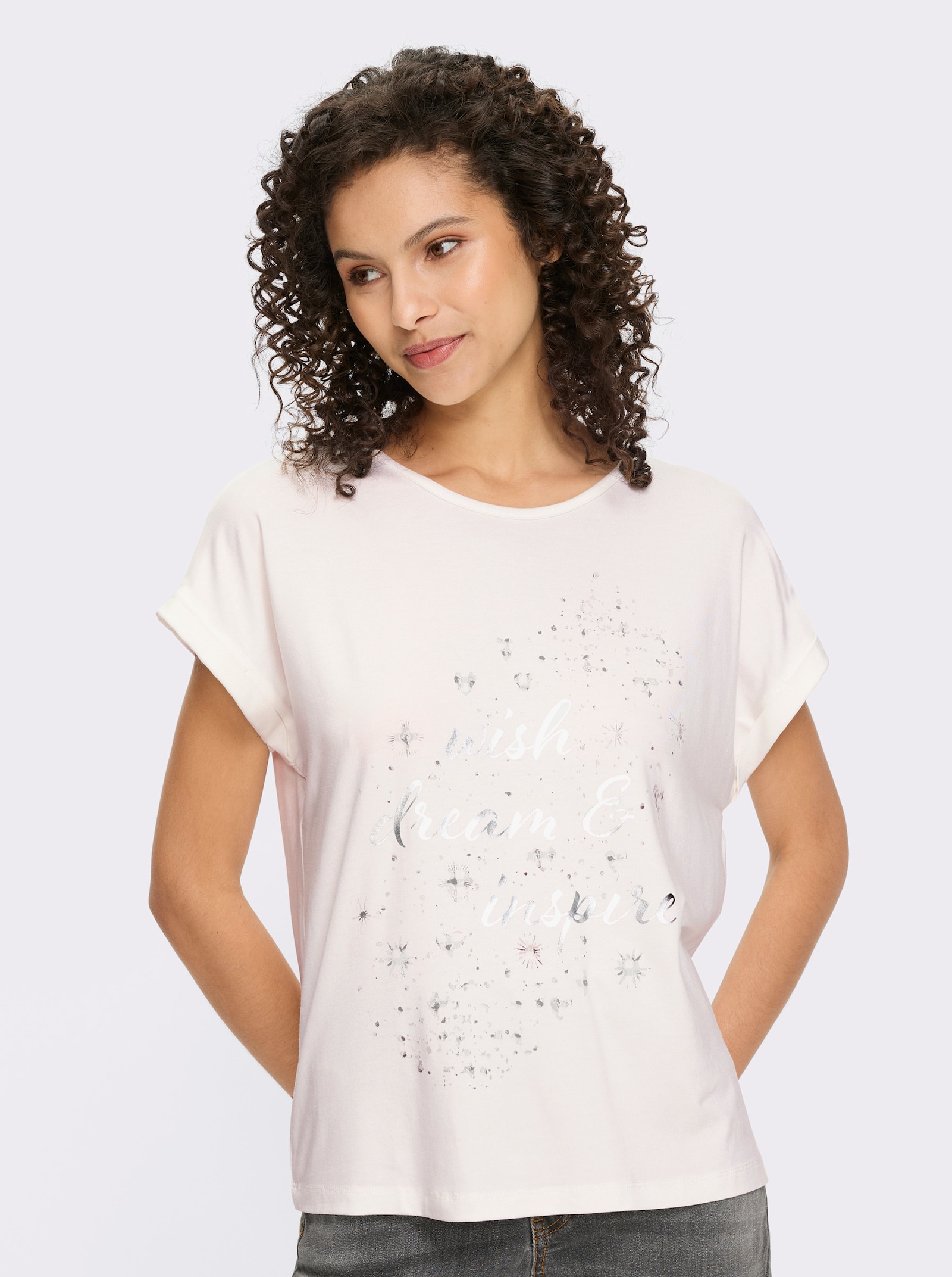 heine Kurzarmshirt mit Glanz-Print - ecru-grau-bedruckt