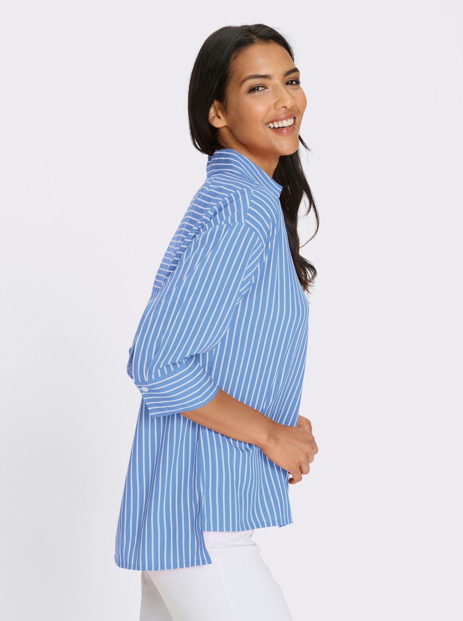 Longbluse mit Kellerfalte im Rückteil - weiß-himmelblau-gestreift