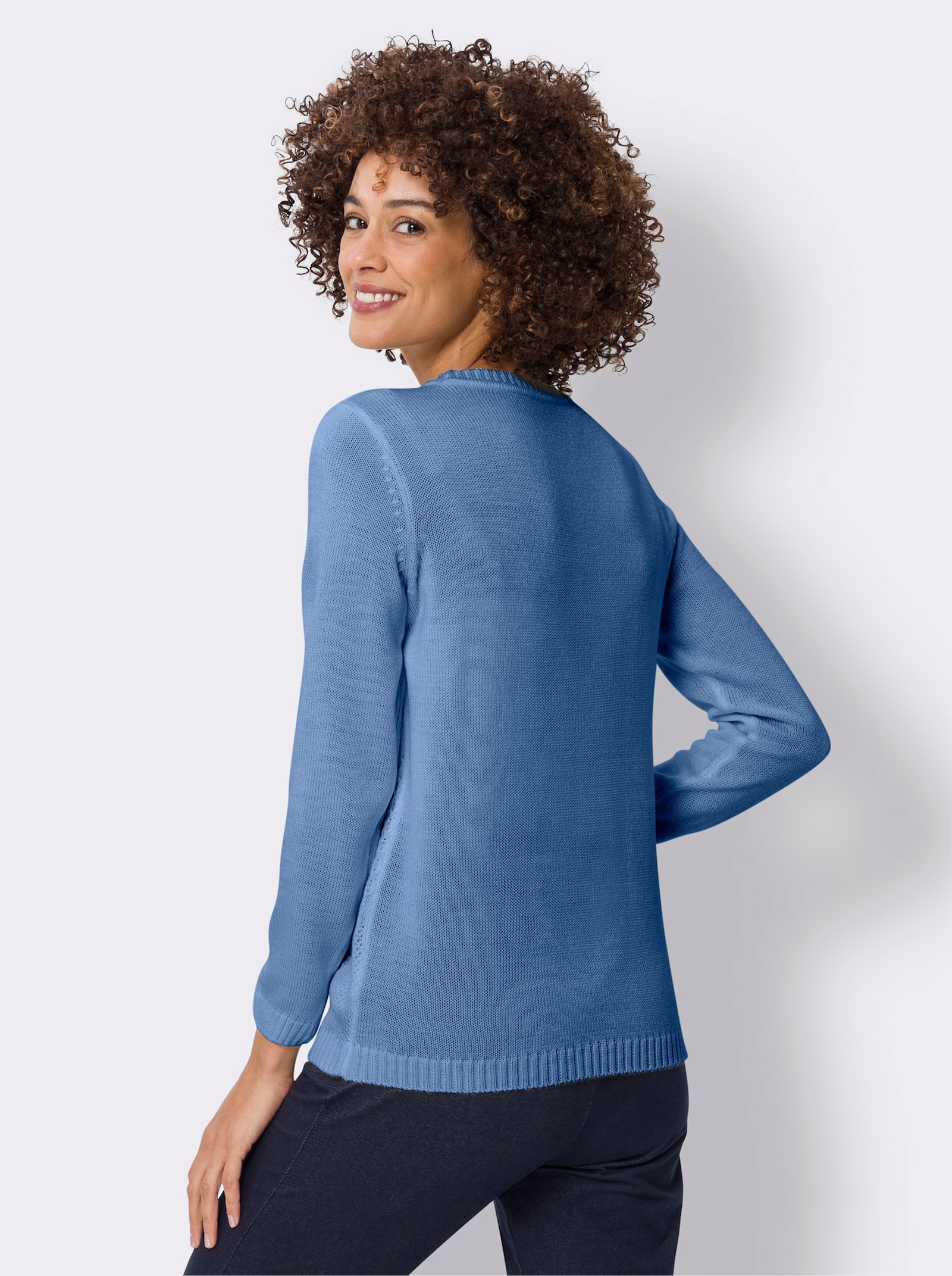 Langarm-Pullover mit Strickmuster vorne - mittelblau