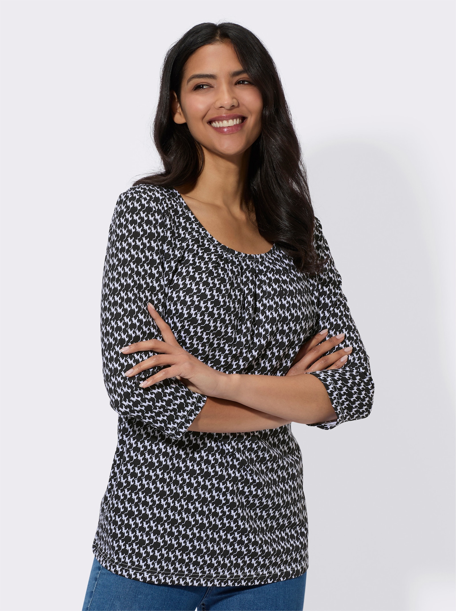 Tričko s 3/4 rukávem a motivem koček - černá-bílá-potisk