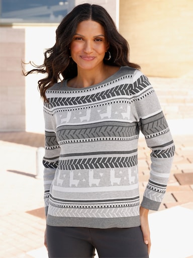 Jacquard-Pullover mit Lamas - hellgrau-graphit-gemustert