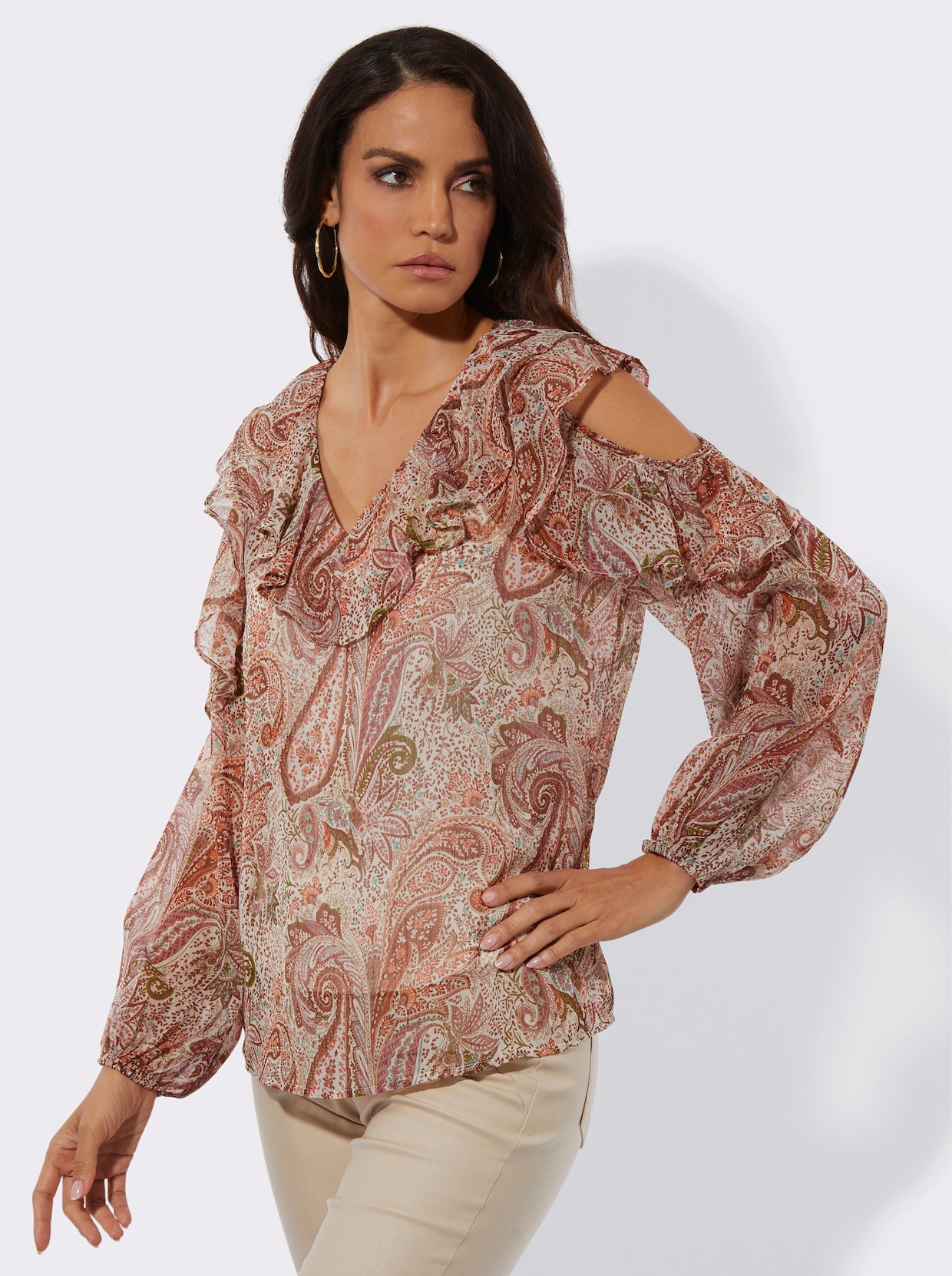 Chiffonbluse mit goldfarbigen Glanzfäden - ecru-papaya-bedruckt