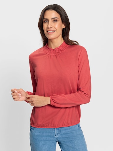 Stehkragenshirt mit Raffung vorne - grapefruit