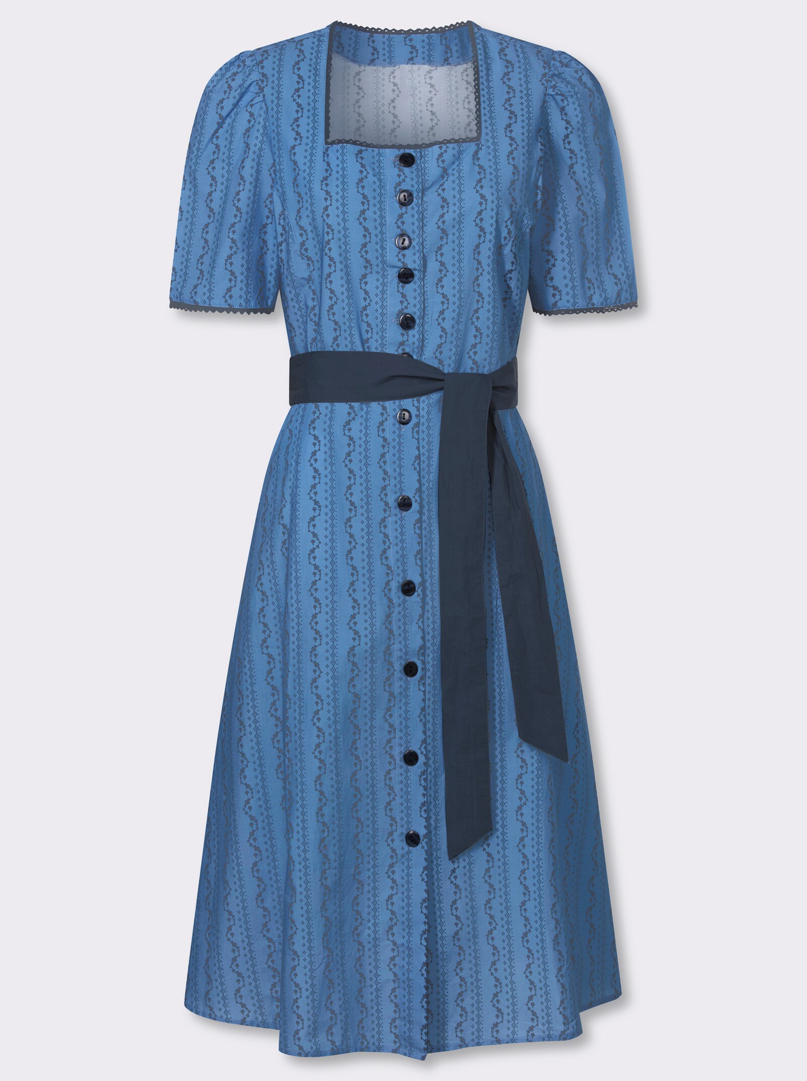 Trachtenkleid mit Bindegürtel - mittelblau-dunkelblau-bedruckt