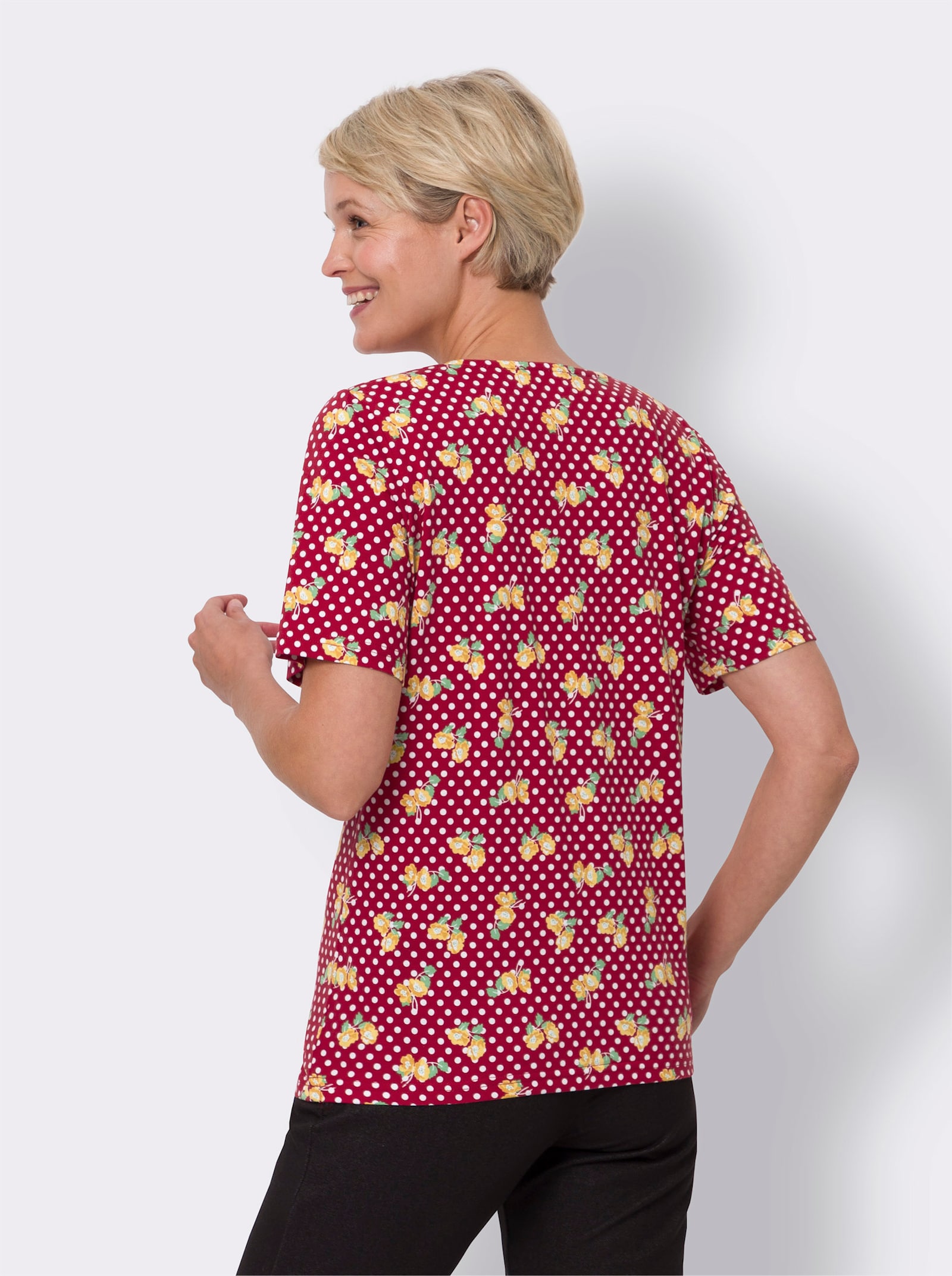 Kurzarmshirt aus reiner Baumwolle - rot-gelb-bedruckt