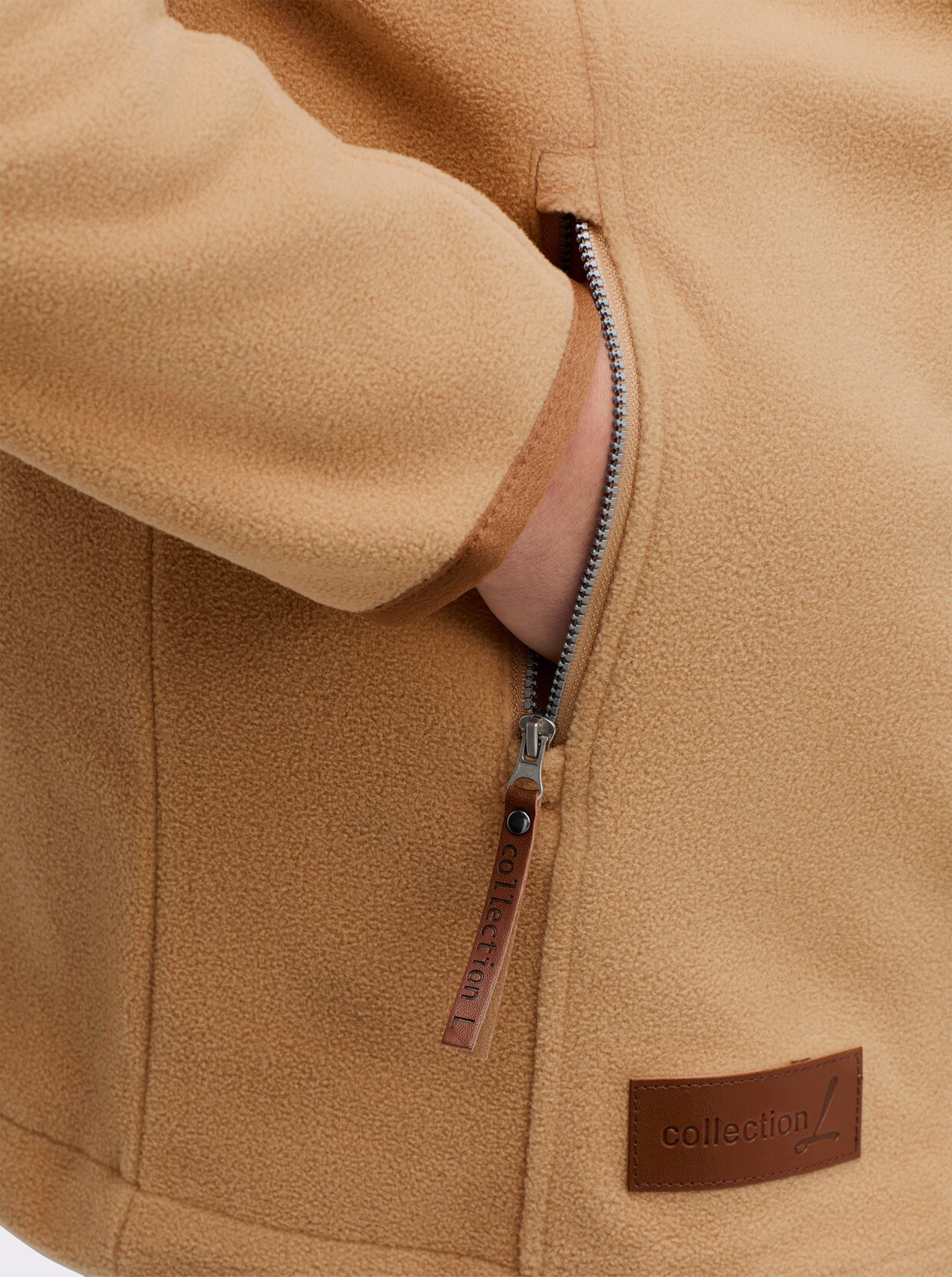 Kapuzenfleecejacke mit verdecktem Reißverschluss - camel
