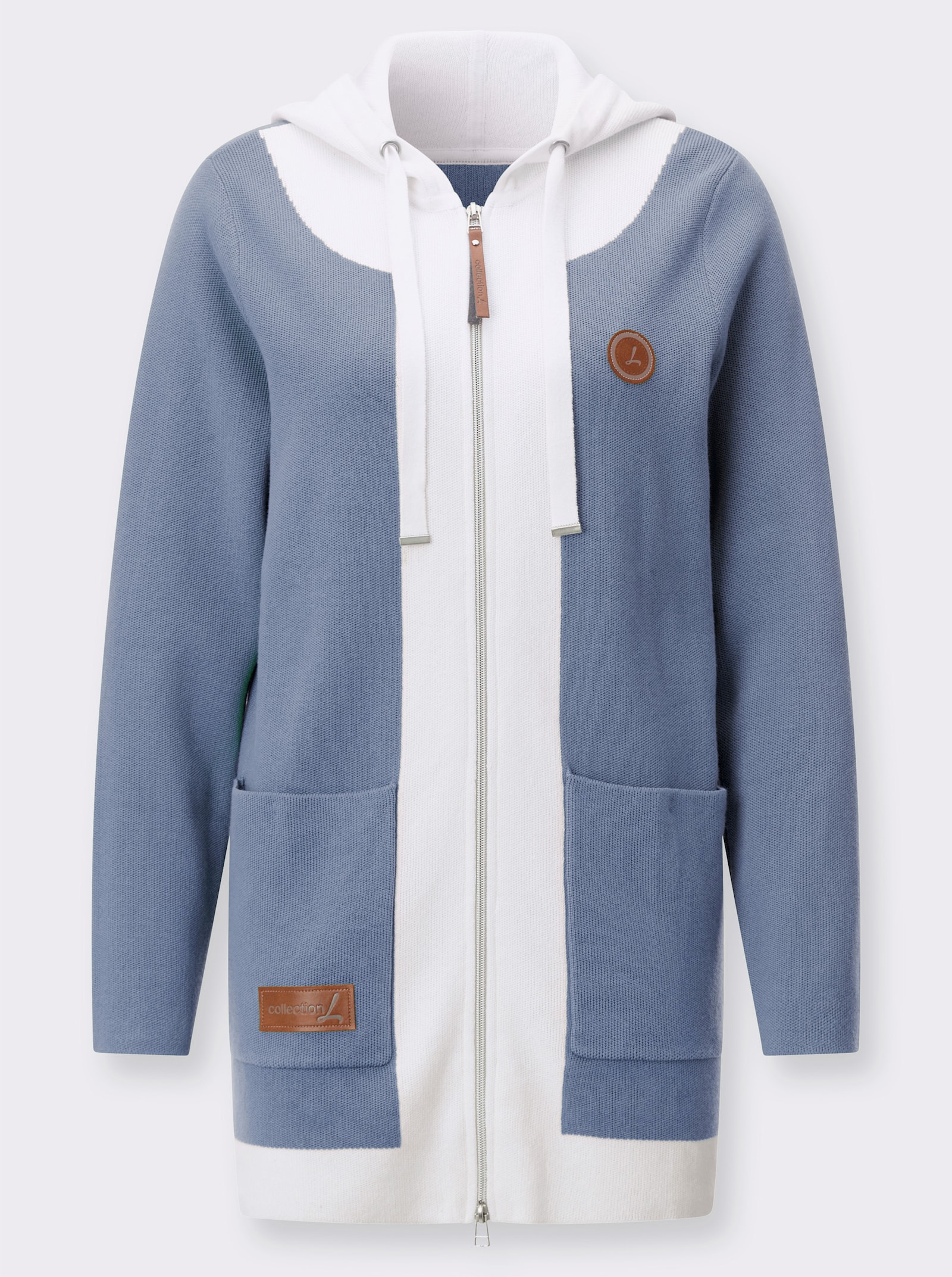 Longstrickjacke mit 2-Wege-Reißverschluss - taubenblau-ecru