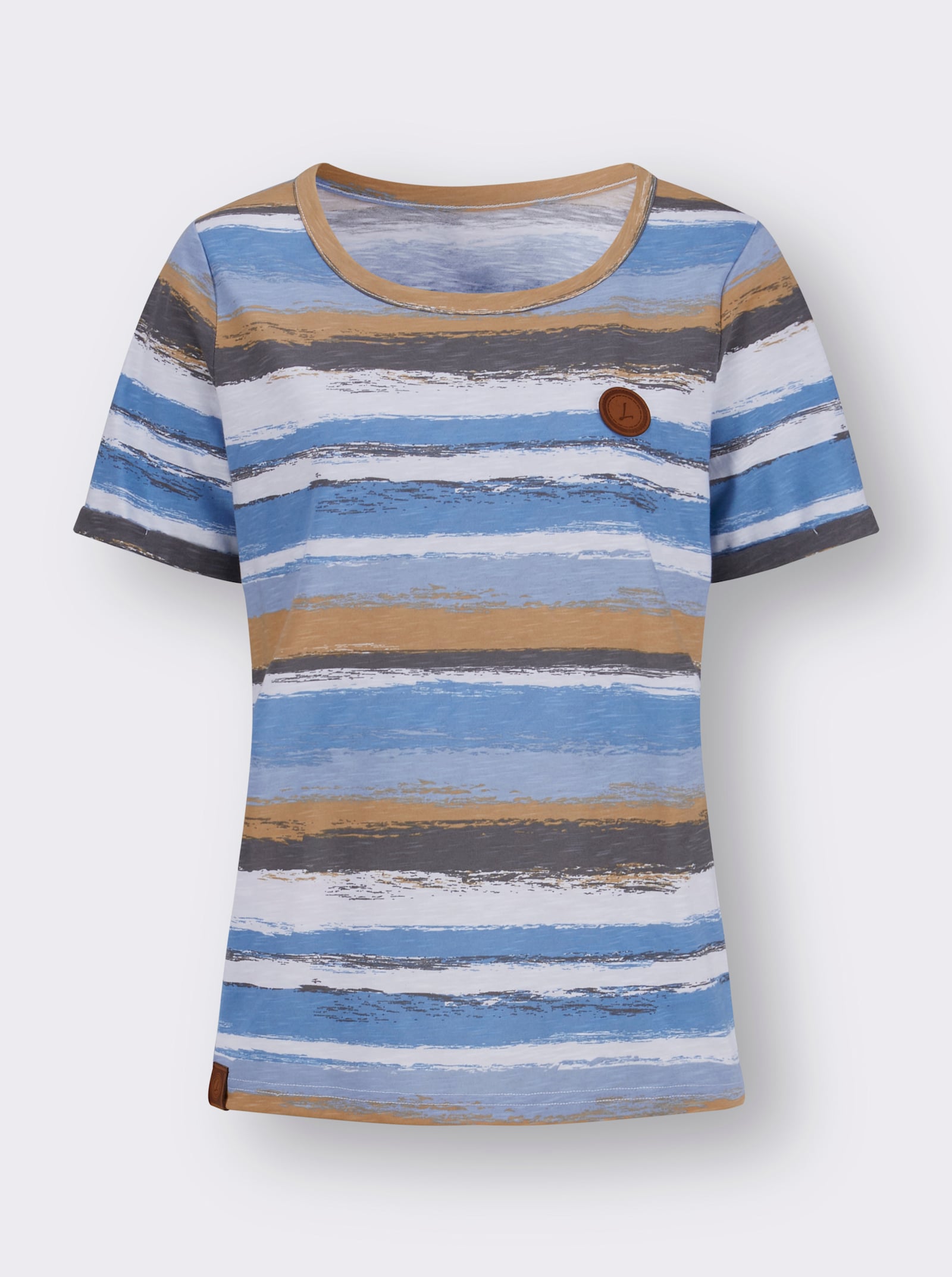 Gestreept shirt met details van imitatieleer - middelblauw/camel bedrukt