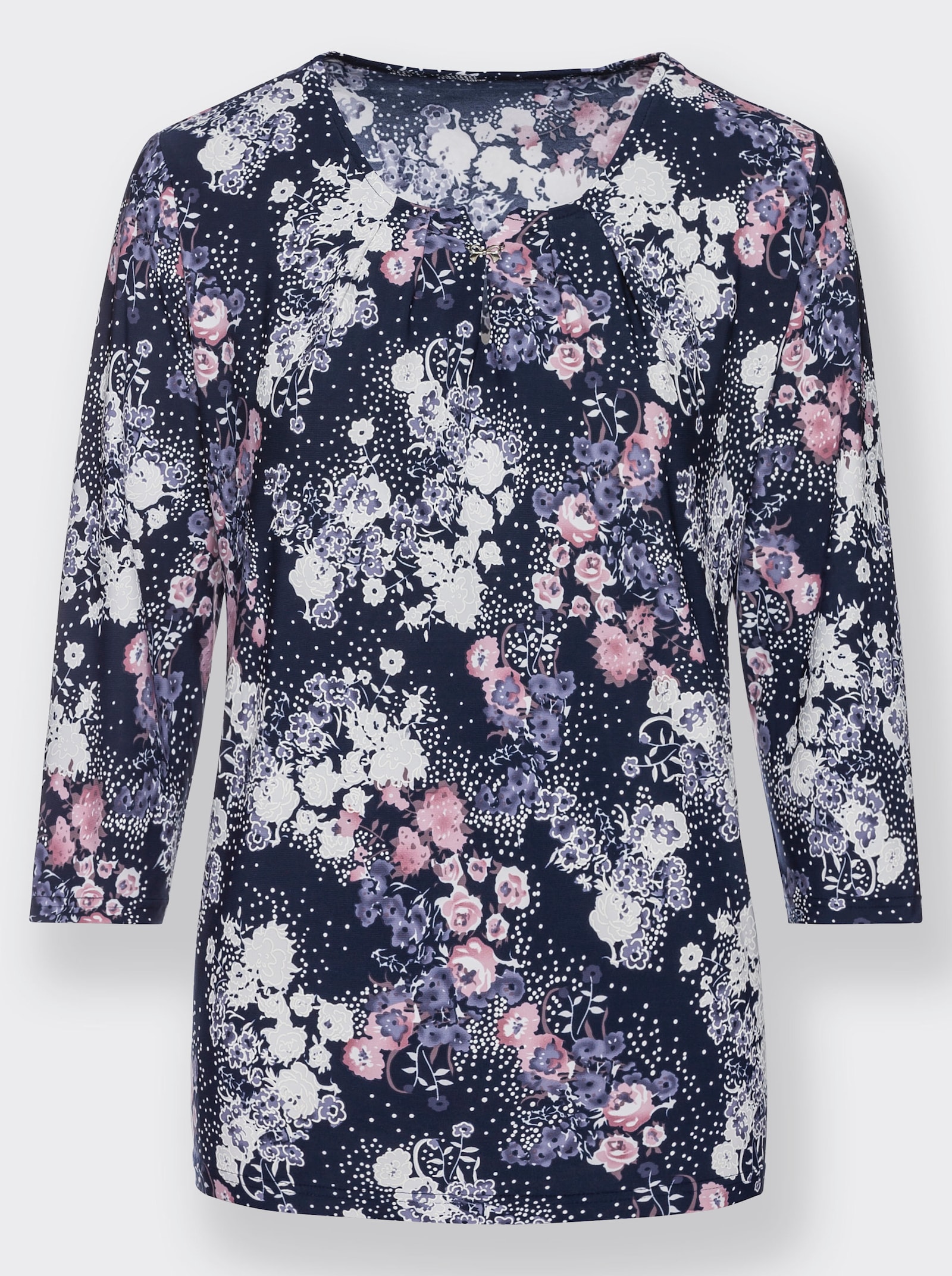 3/4-Arm-Shirt mit Zierelement am Ausschnitt - hortensie-bedruckt