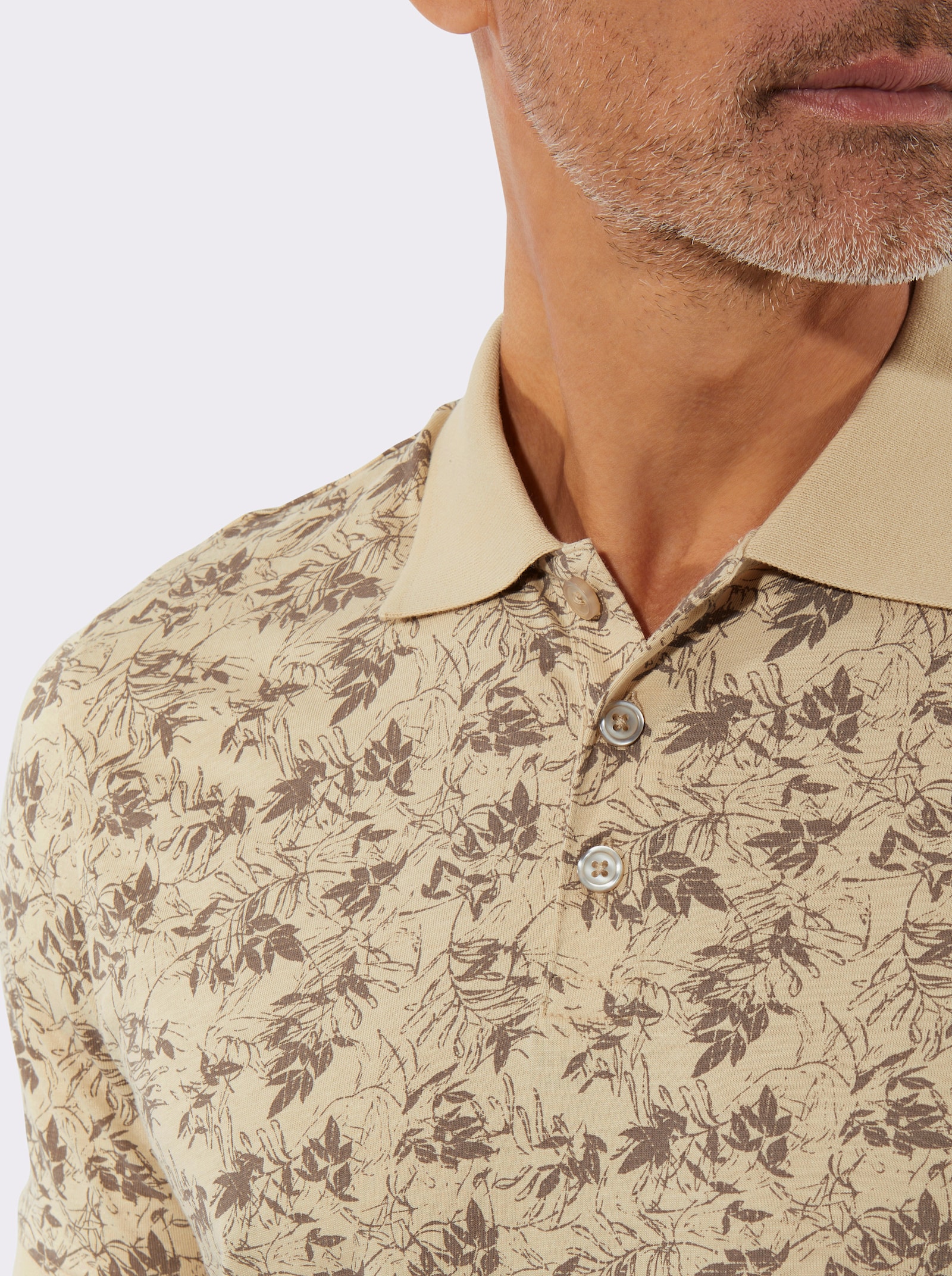 Pikétröja med bladtryck - sand-mörk mullvad-tryck