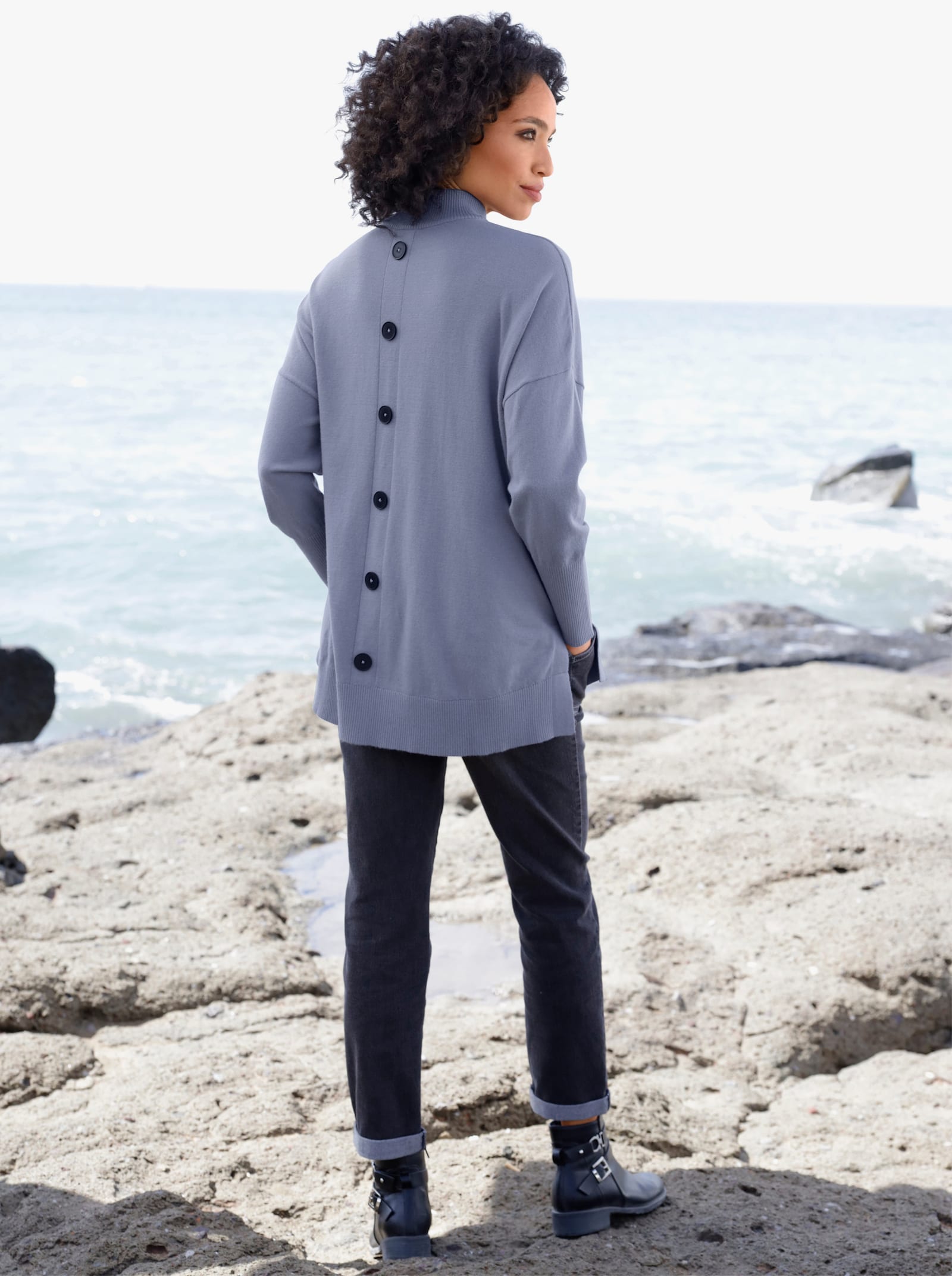 heine Pull à col montant avec patte de boutonnage décorative au dos - bleu tourterelle