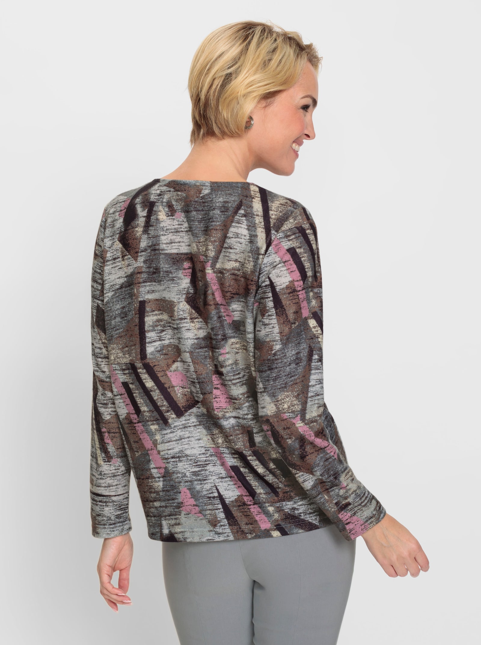 Shirt met lange mouwen en plooien bij de hals - bruin/lichtgrijs bedrukt