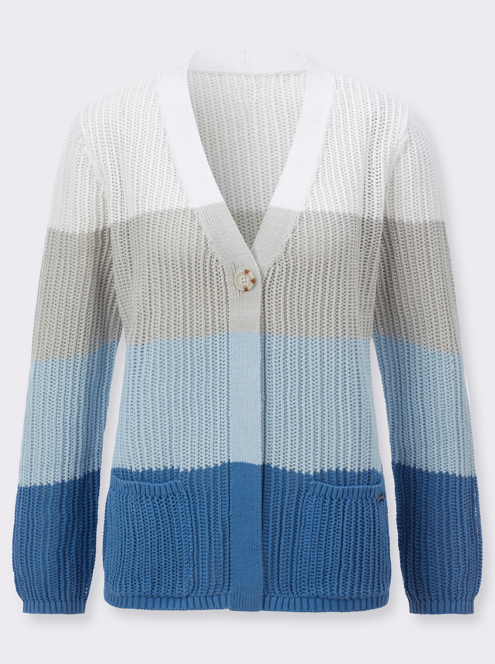 Ajourstrickjacke mit V-Ausschnitt - mittelblau-ecru-geringelt