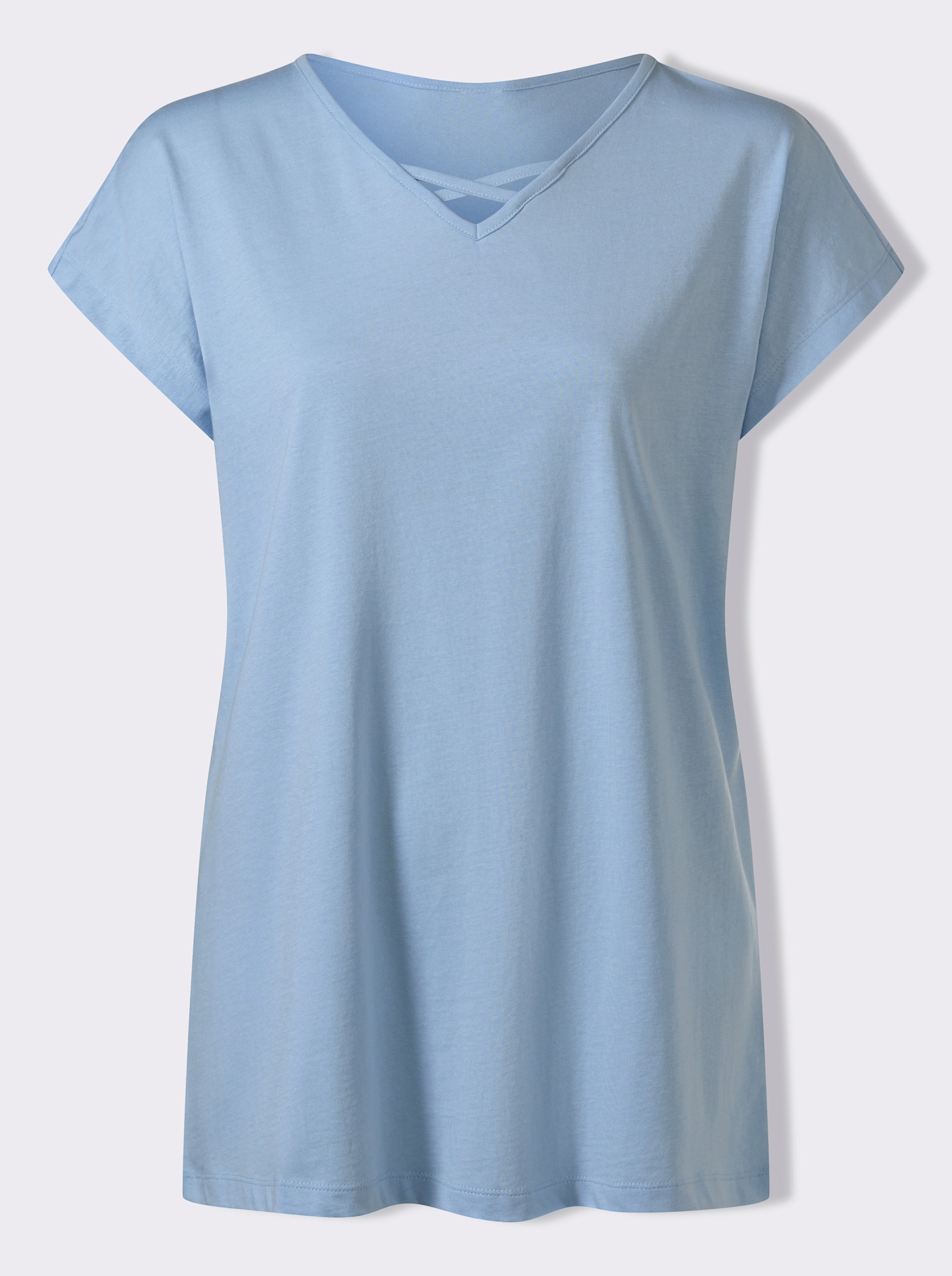 Longshirt mit Zierbändern am Ausschnitt - eisblau