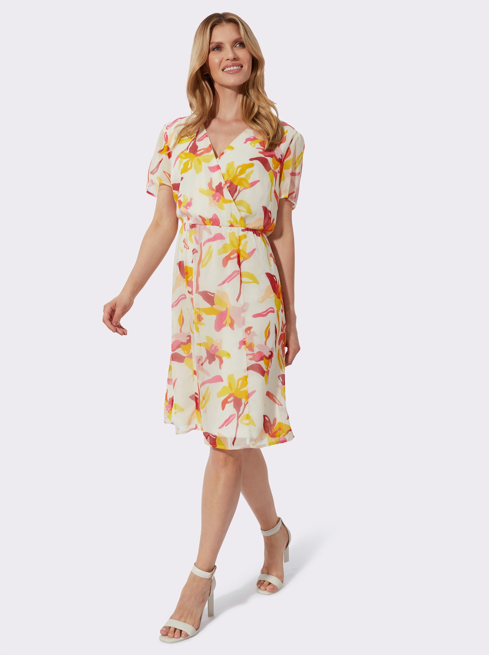 Wickelkleid mit Raffungen - champagner-apricot-bedruckt