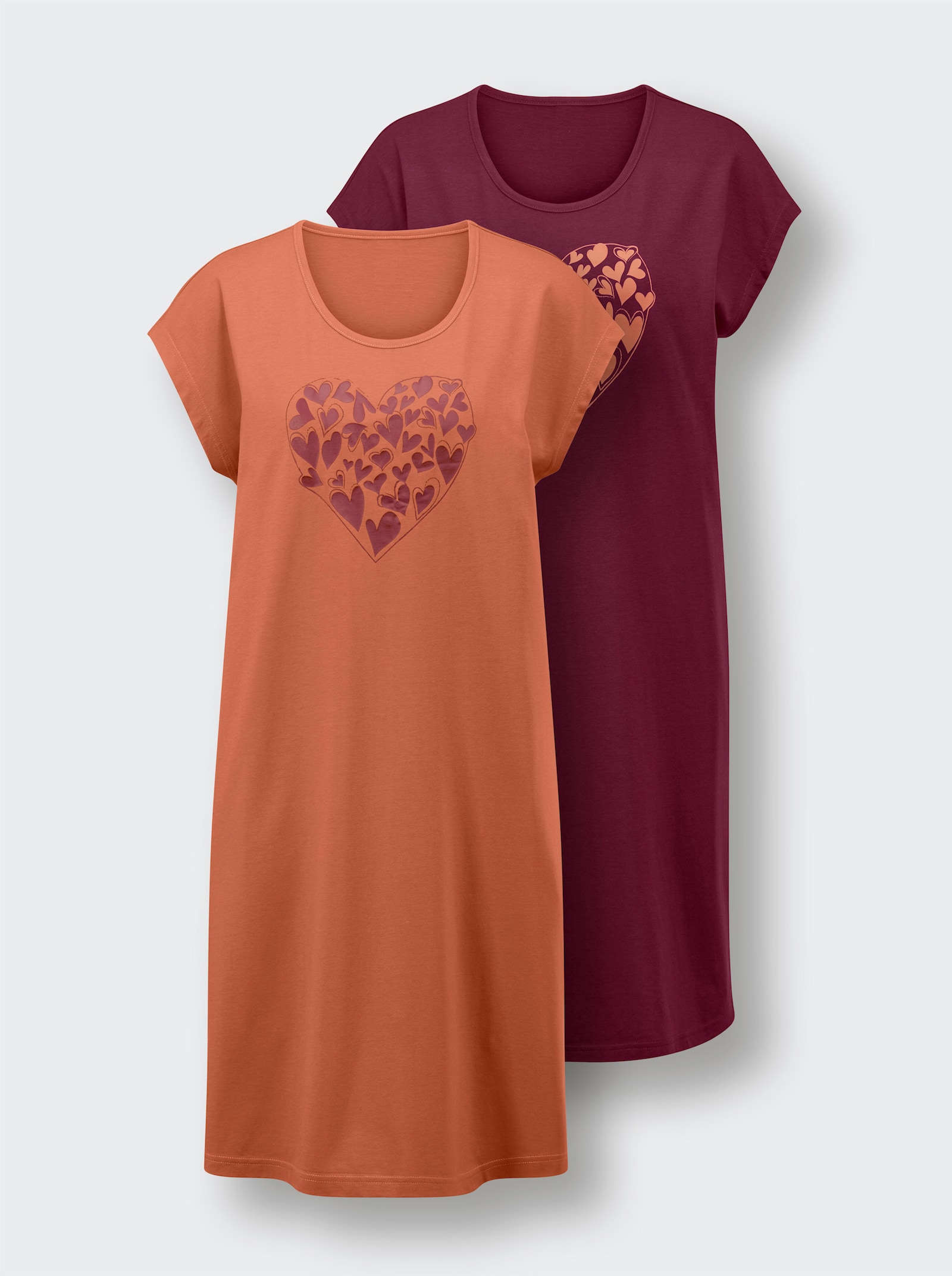 wäschepur Sleepshirts mit platziertem Druckmuster - bordeaux-bedruckt + papaya-bedruckt