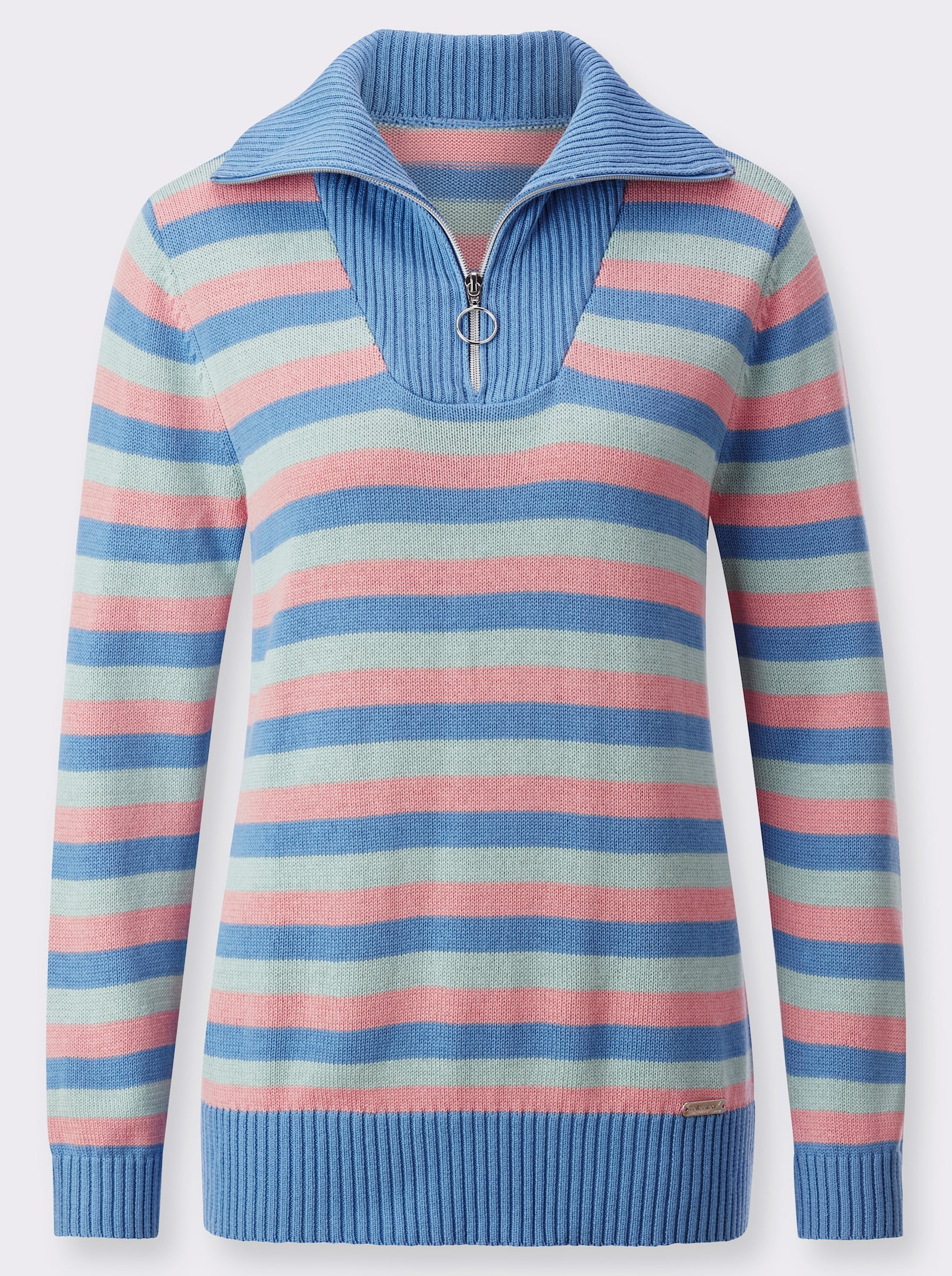 Troyer mit Reissverschluss - himmelblau-rosenquarz-geringelt