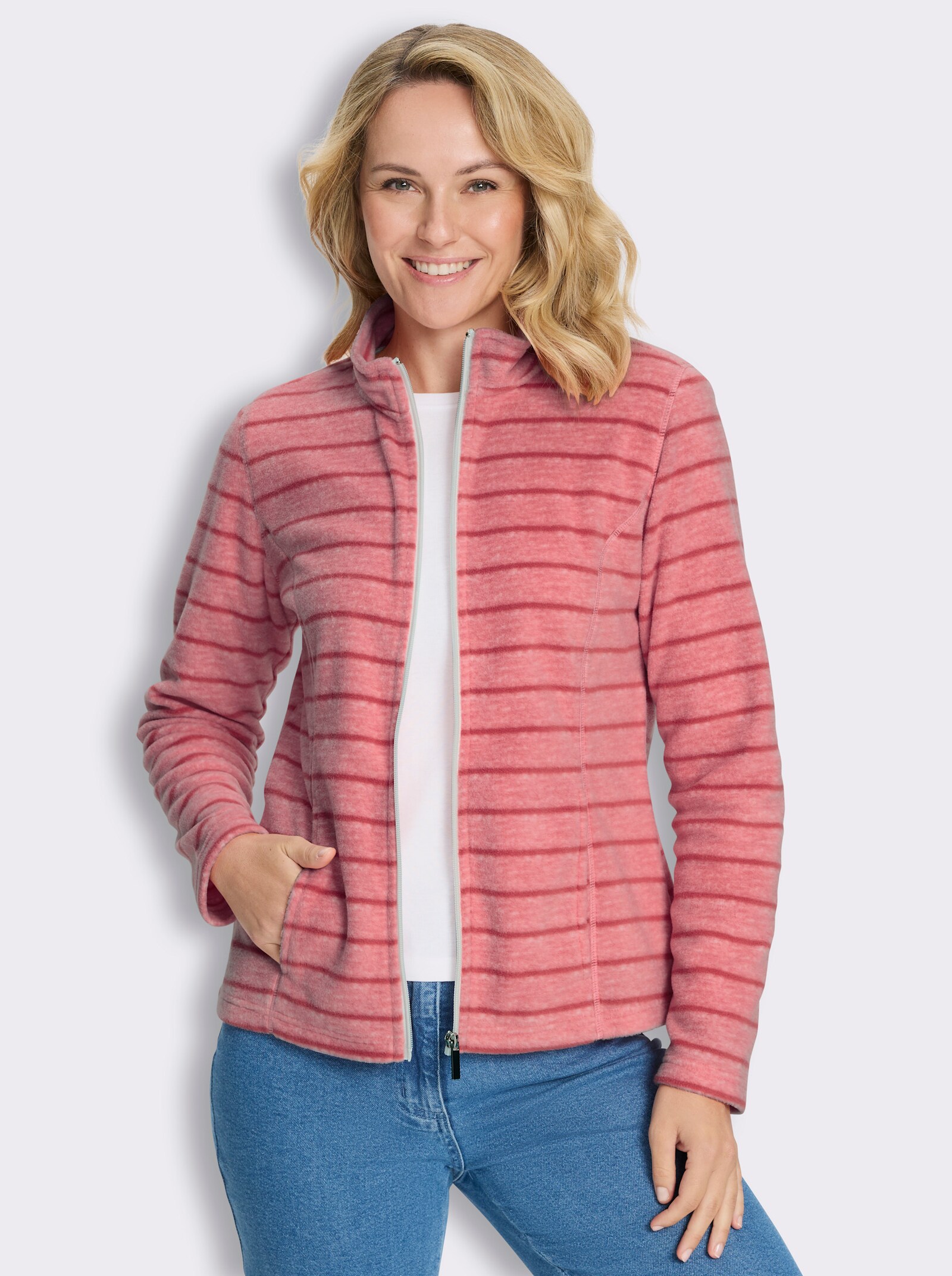 Fleecejacke in pflegeleichter Qualität, gestreift - grapefruit-flamingo-meliert