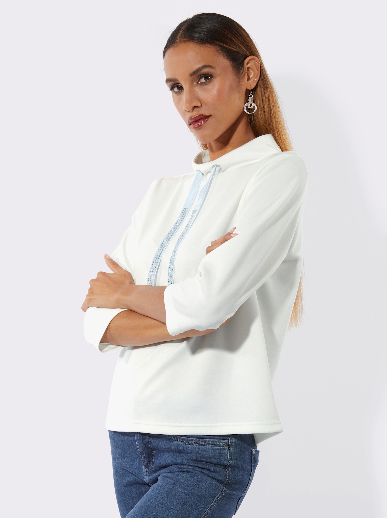 Stehkragenshirt mit Samtband - ecru