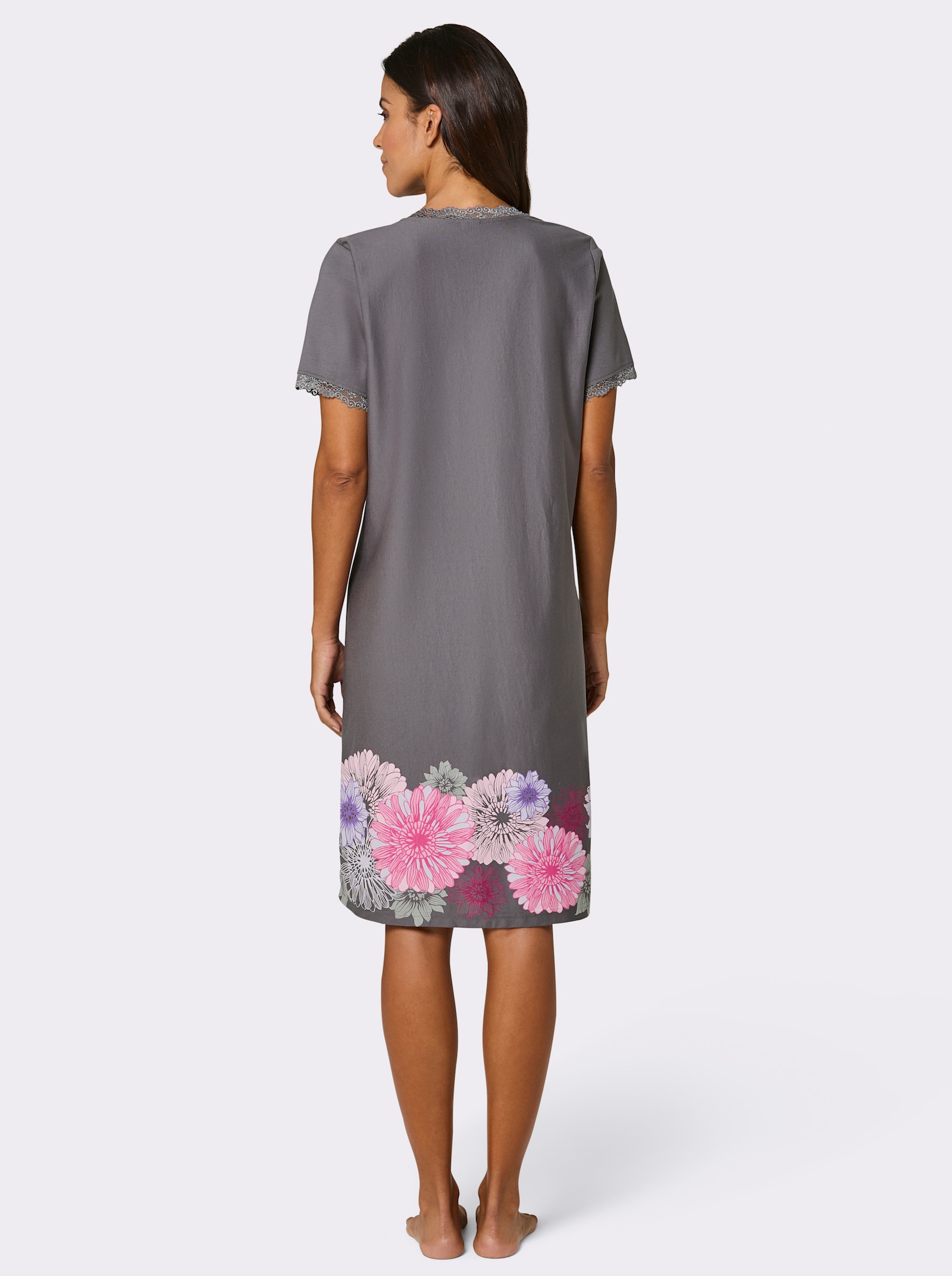 wäschepur Kurzarm-Sleepshirt mit Blumenbordüre - anthrazit-fuchsia-bedruckt