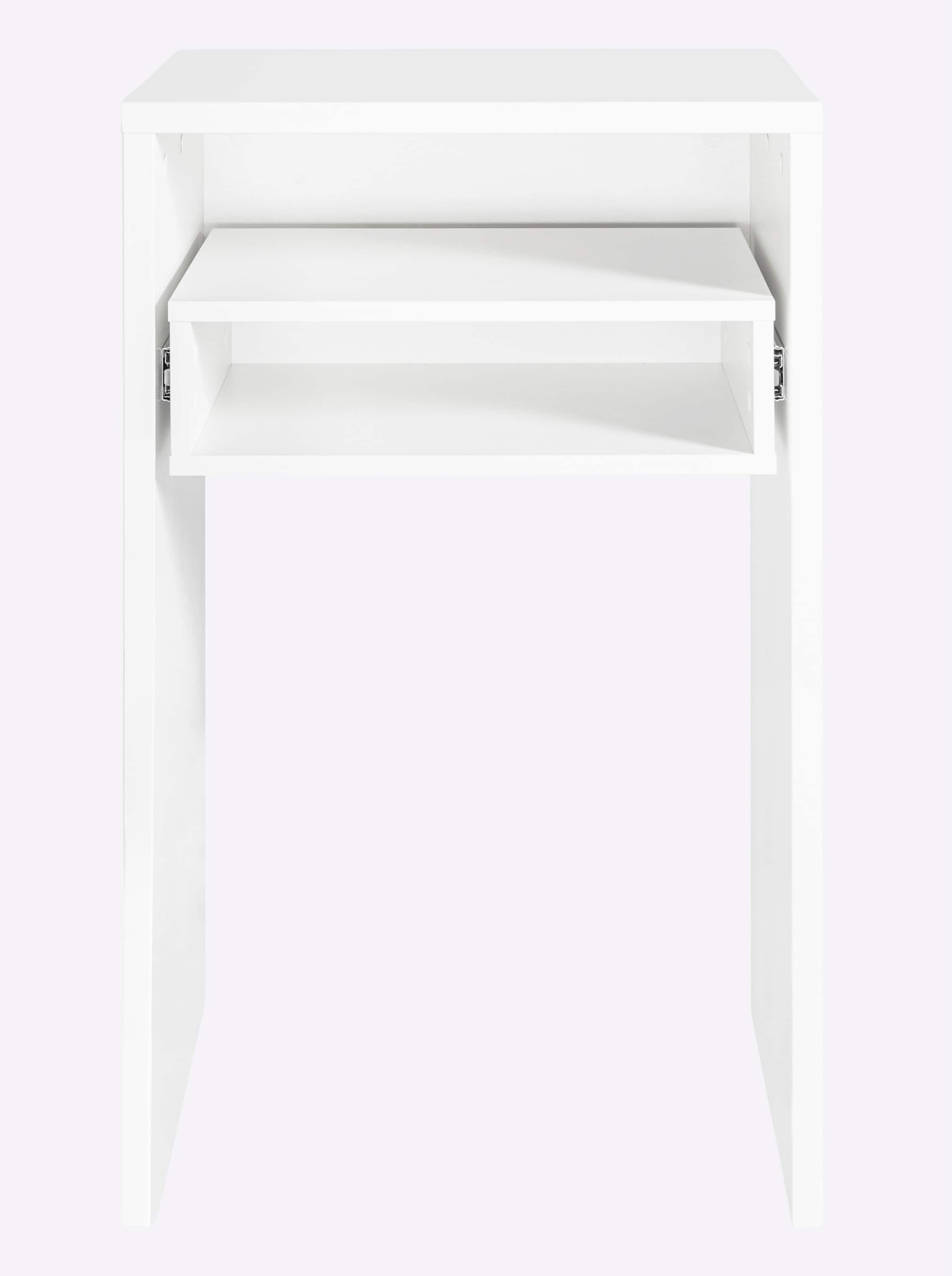 Hub Mini günstig Kaufen-Schreibtisch in weiß von heine home. Schreibtisch in weiß von heine home <![CDATA[Schreibtisch Bei Bedarf praktisch von 40 cm auf 70 cm ausziehbar. Aus stabiler, laminierter Spanplatte. Wandmontage ist möglich. Schmal mit einer Schublade, breit