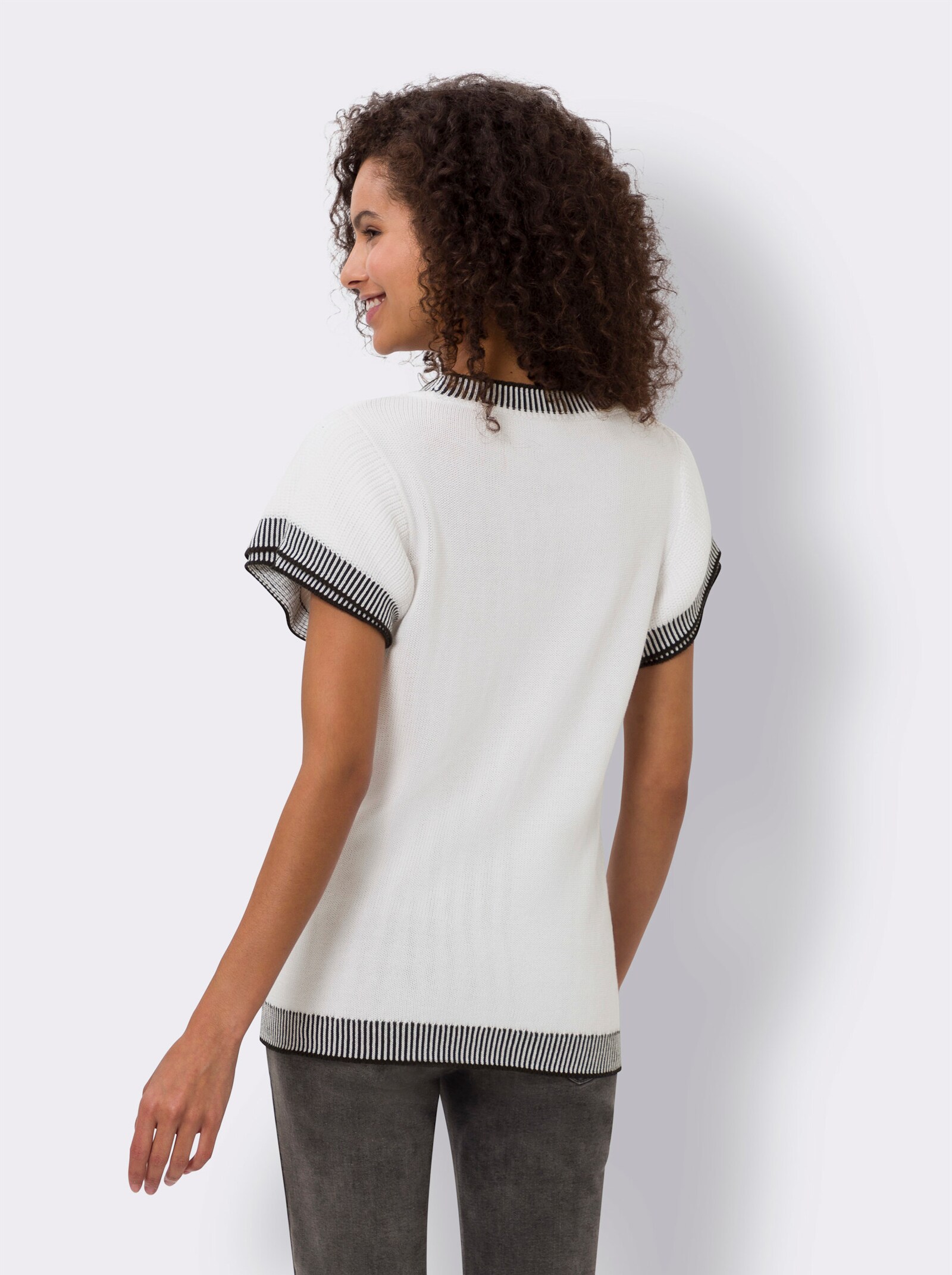 heine Kurzarmpullover mit Kontrastblenden - weiss-schwarz-gemustert