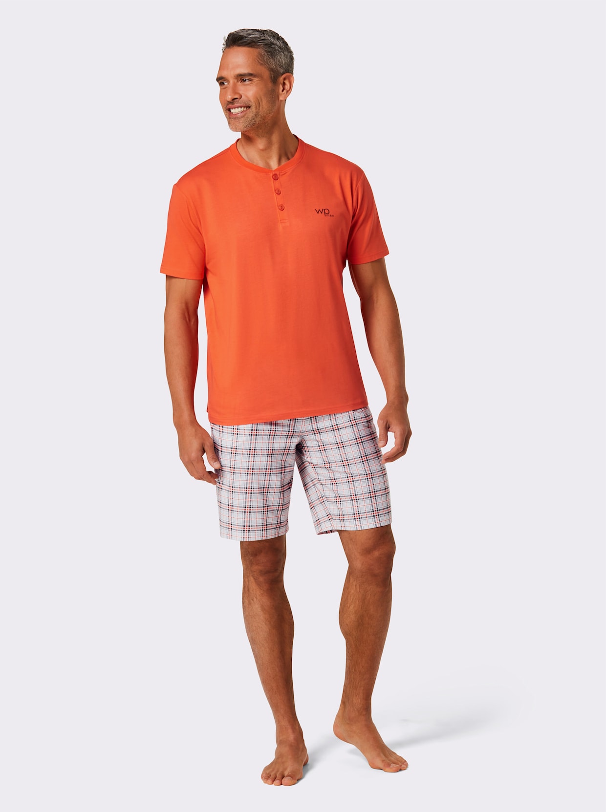 wäschepur men Shortama - oranje/grijs geruit