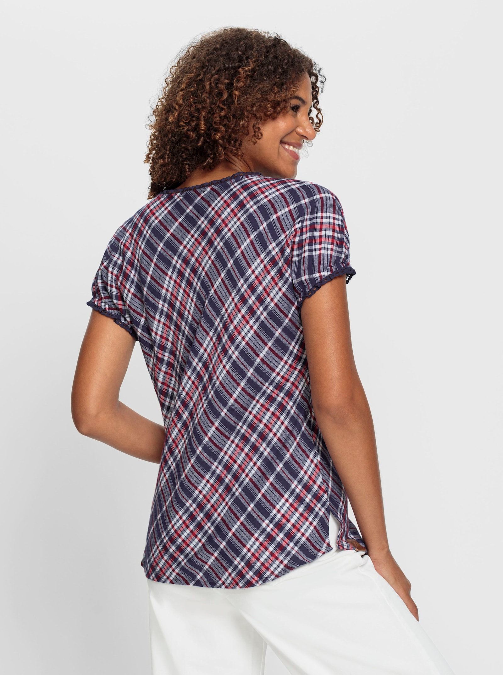 Schlupf-Bluse im mehrfarbigen Karo-Dessin - marine-weiß-kariert