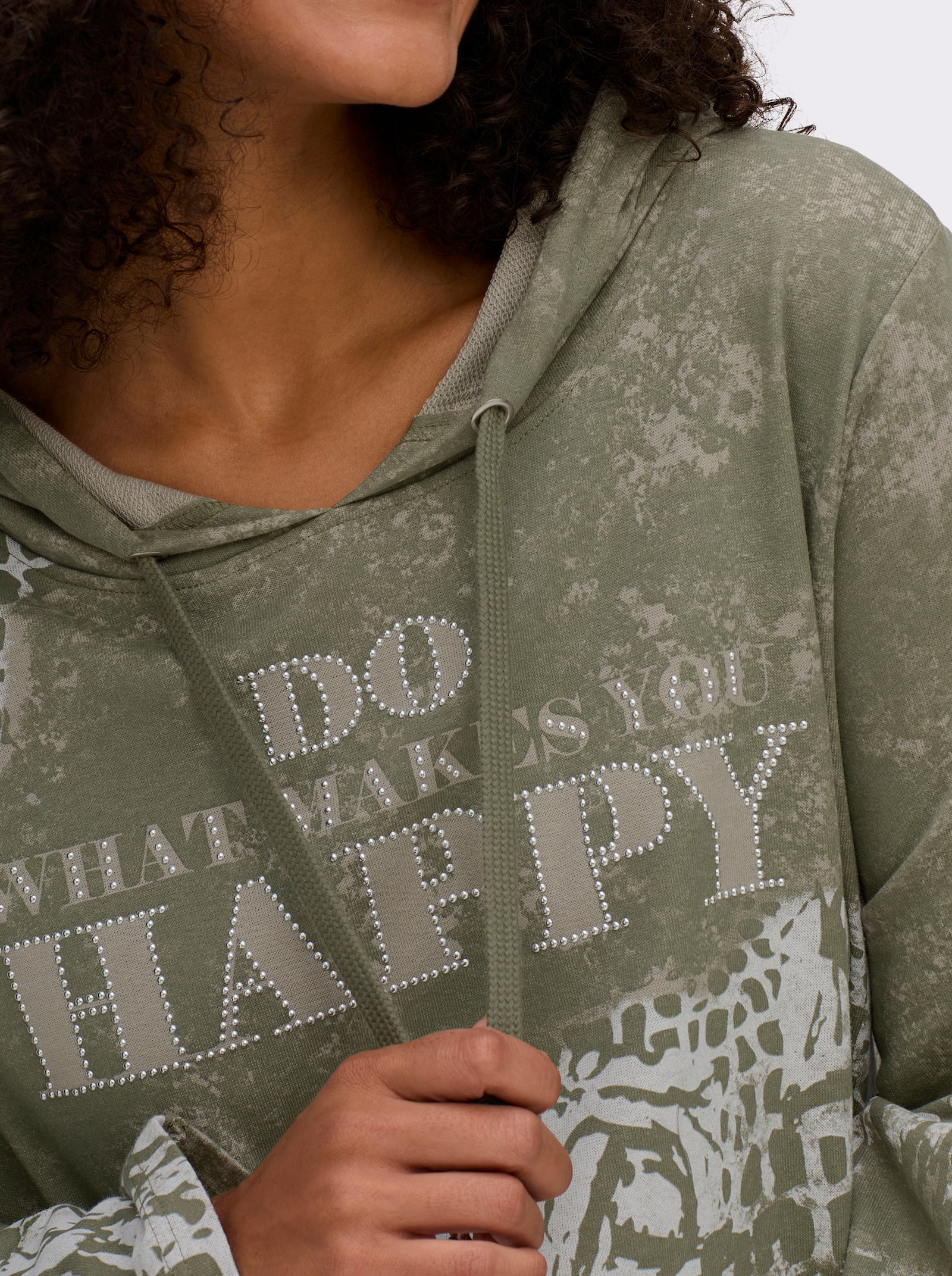 Sweatshirt mit Print und Glitzersteinchen - khaki-ecru-bedruckt