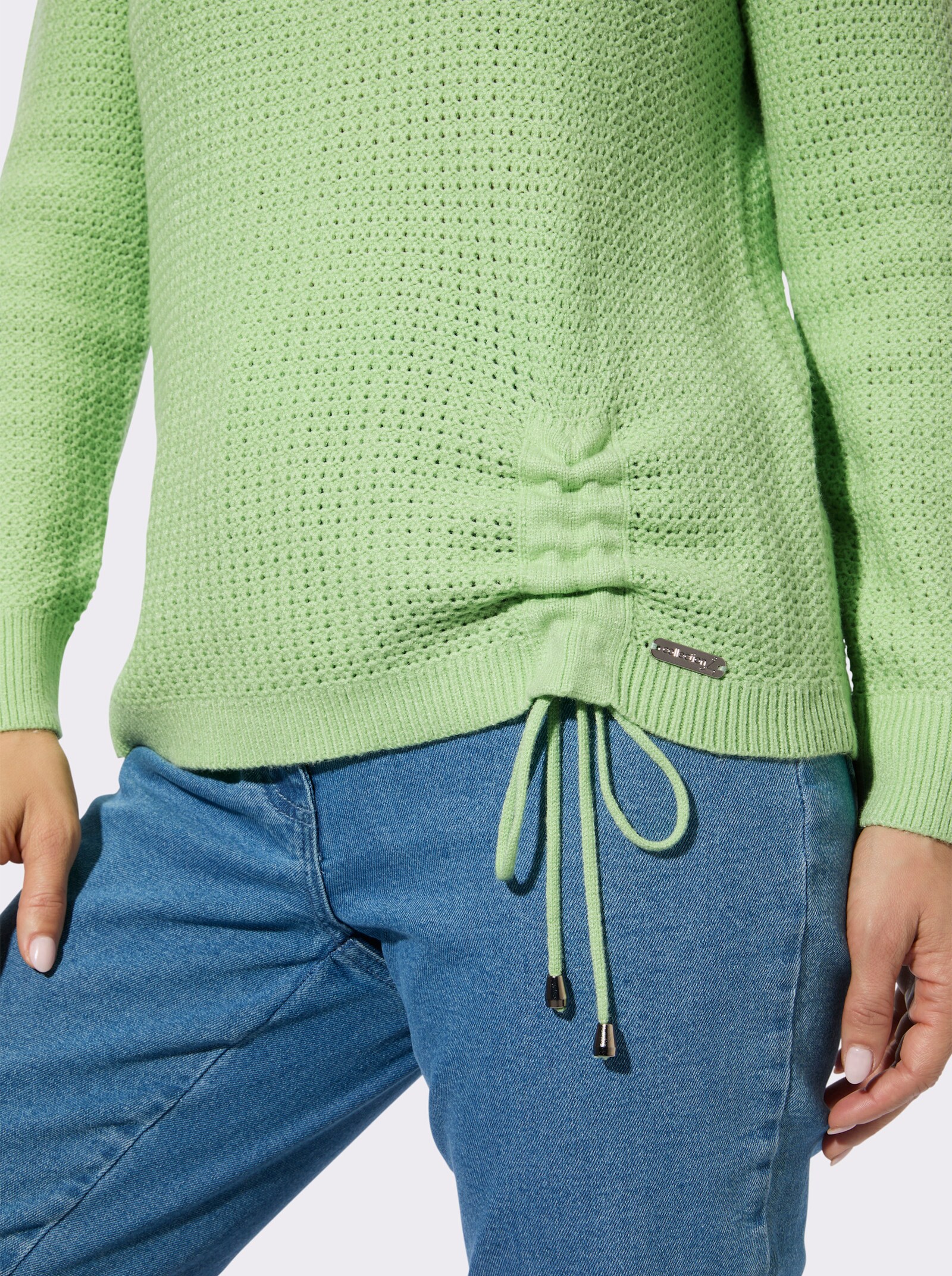 Rundhalspullover mit Schnürung am Saum - reseda