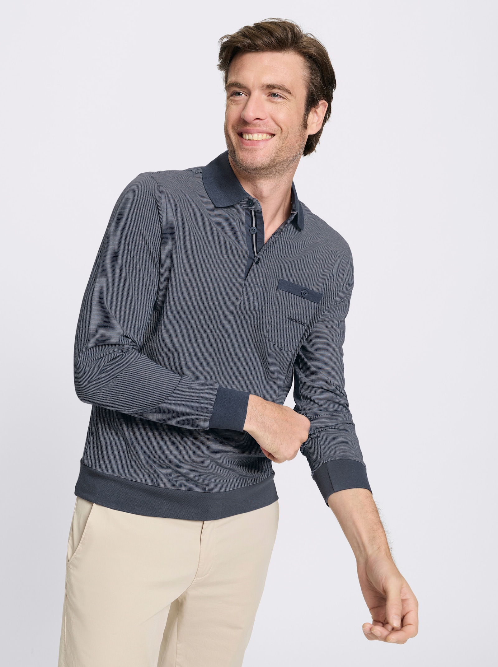 Marco Donati Langarm-Poloshirt im Streifendessin allover - rauchblau-gestreift