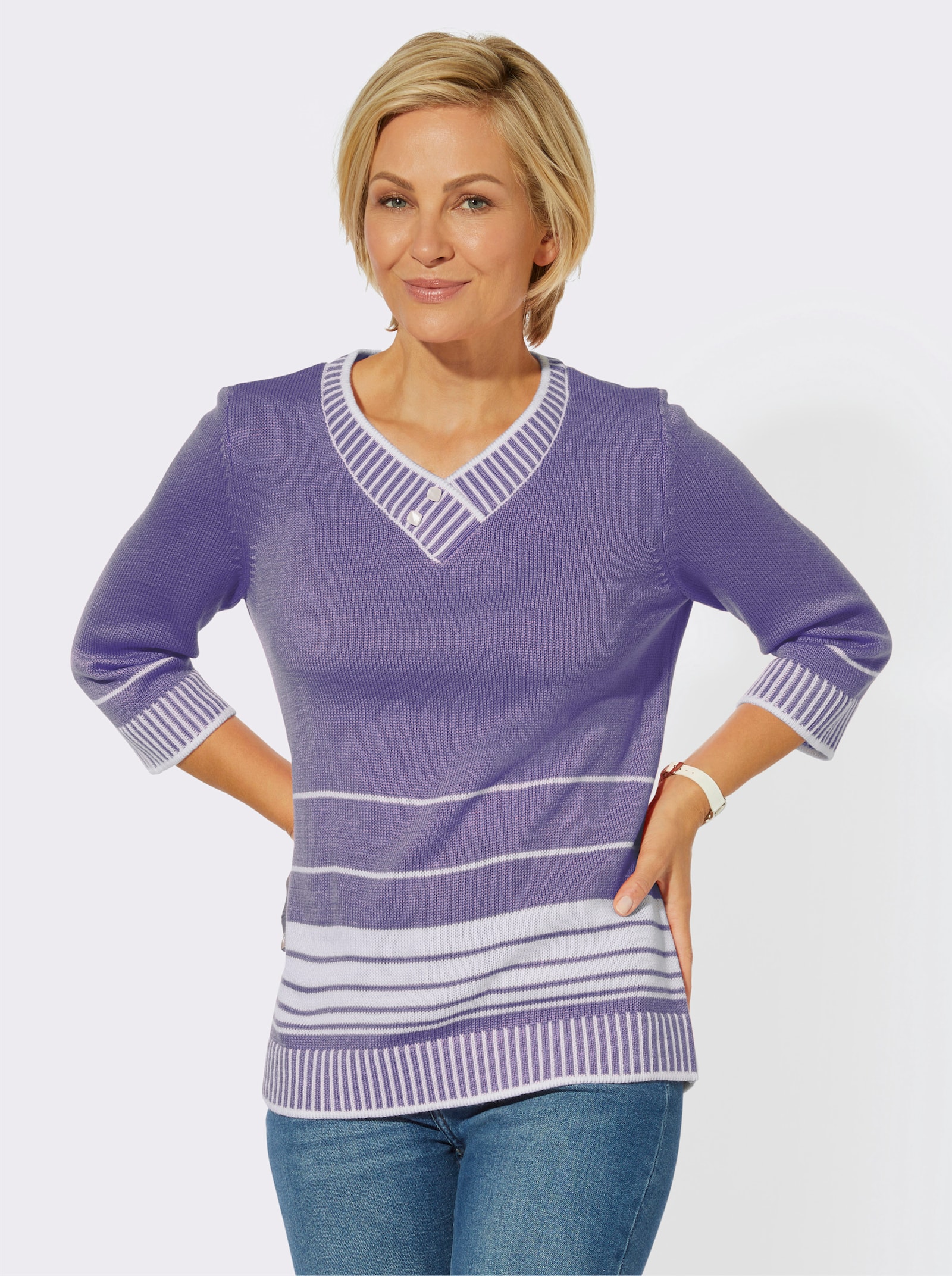 3/4 Arm-Pullover mit überlappendem V-Ausschnitt - lavendel-weiß-gestreift