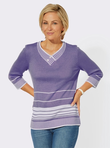 3/4 Arm-Pullover mit überlappendem V-Ausschnitt - lavendel-weiß-gestreift
