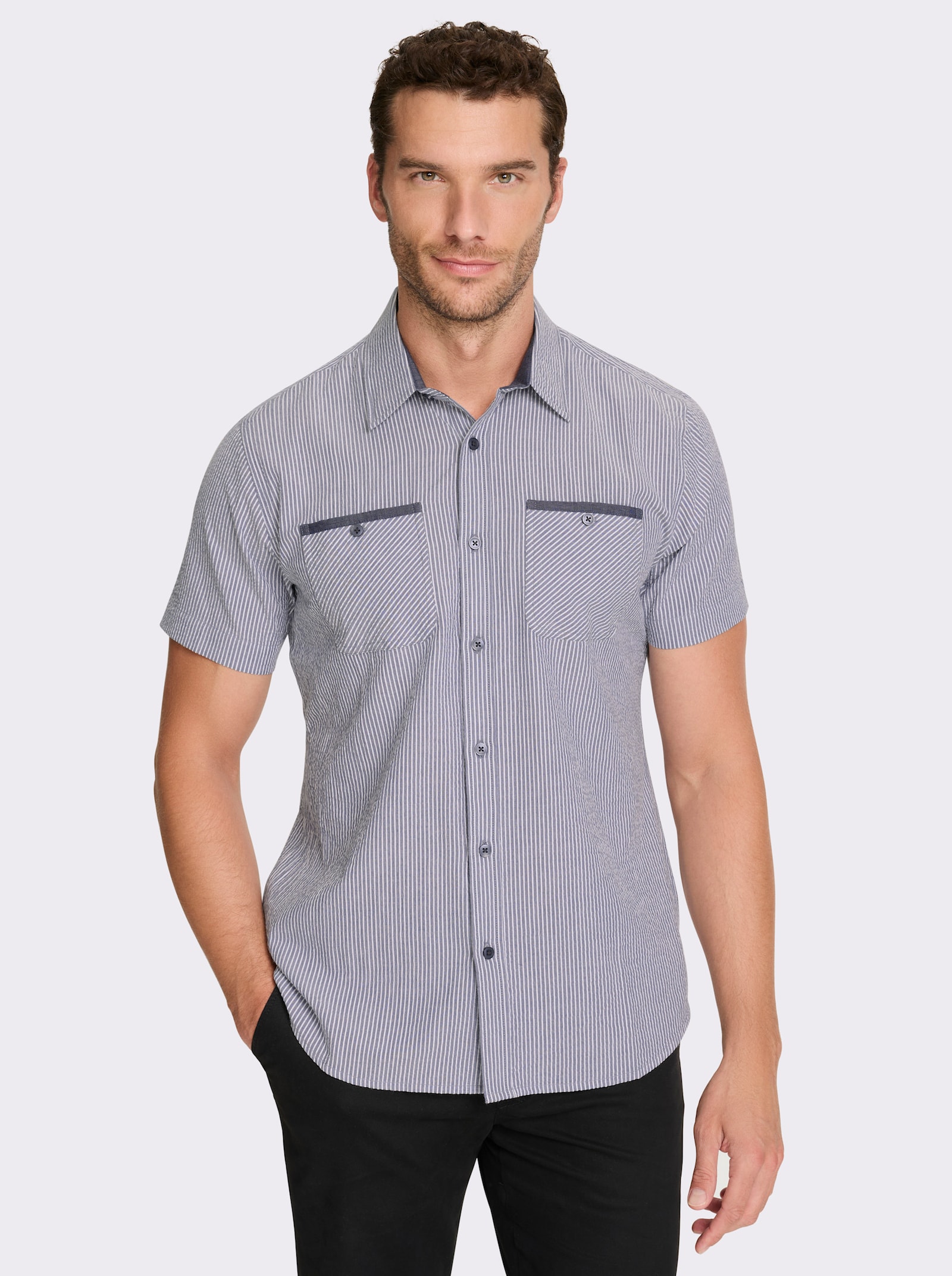 Catamaran Kurzarmhemd aus reiner Baumwolle - rauchblau-weiss-gestreift