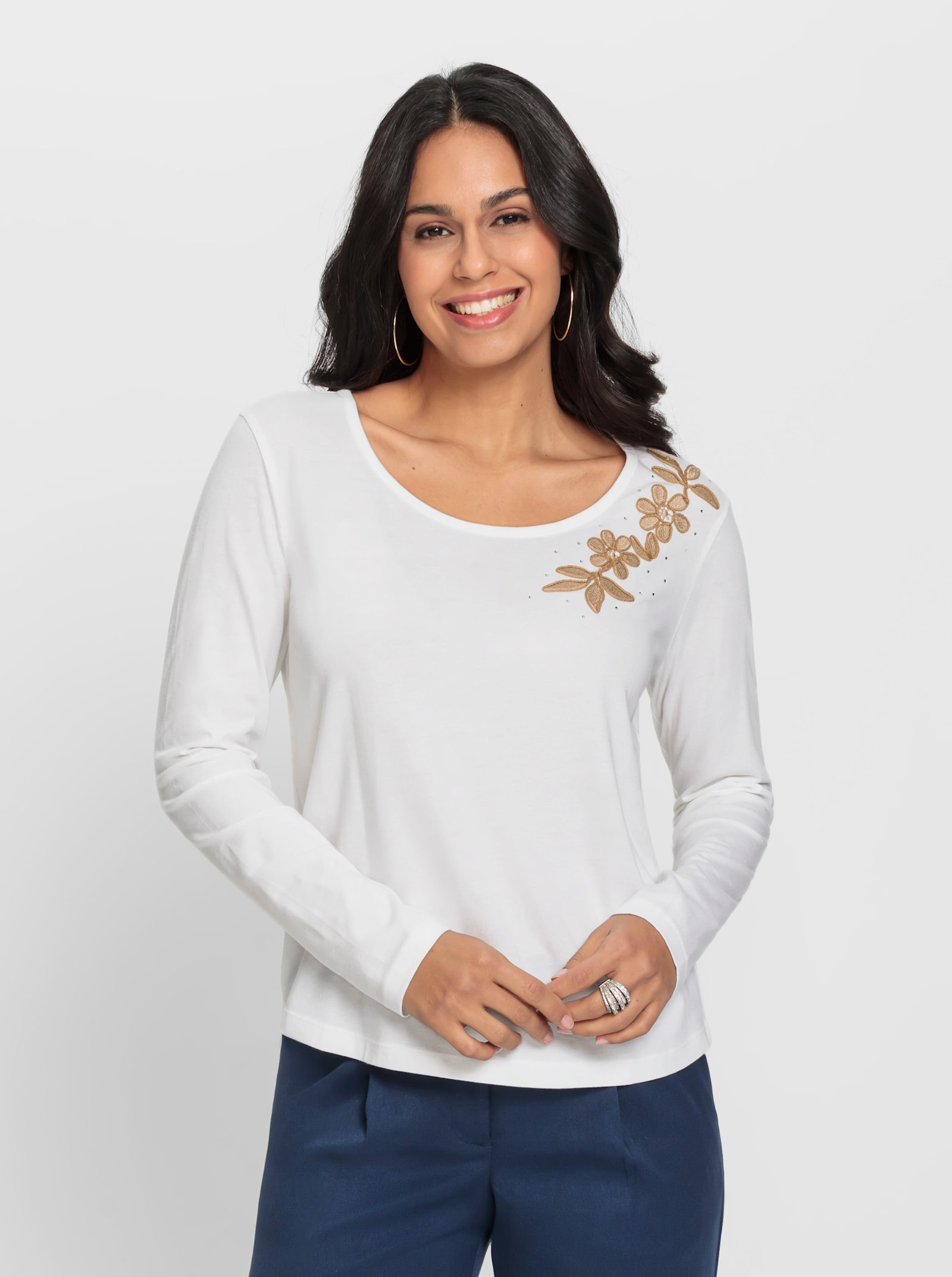 Langarmshirt mit Glitzersteinchen - ecru