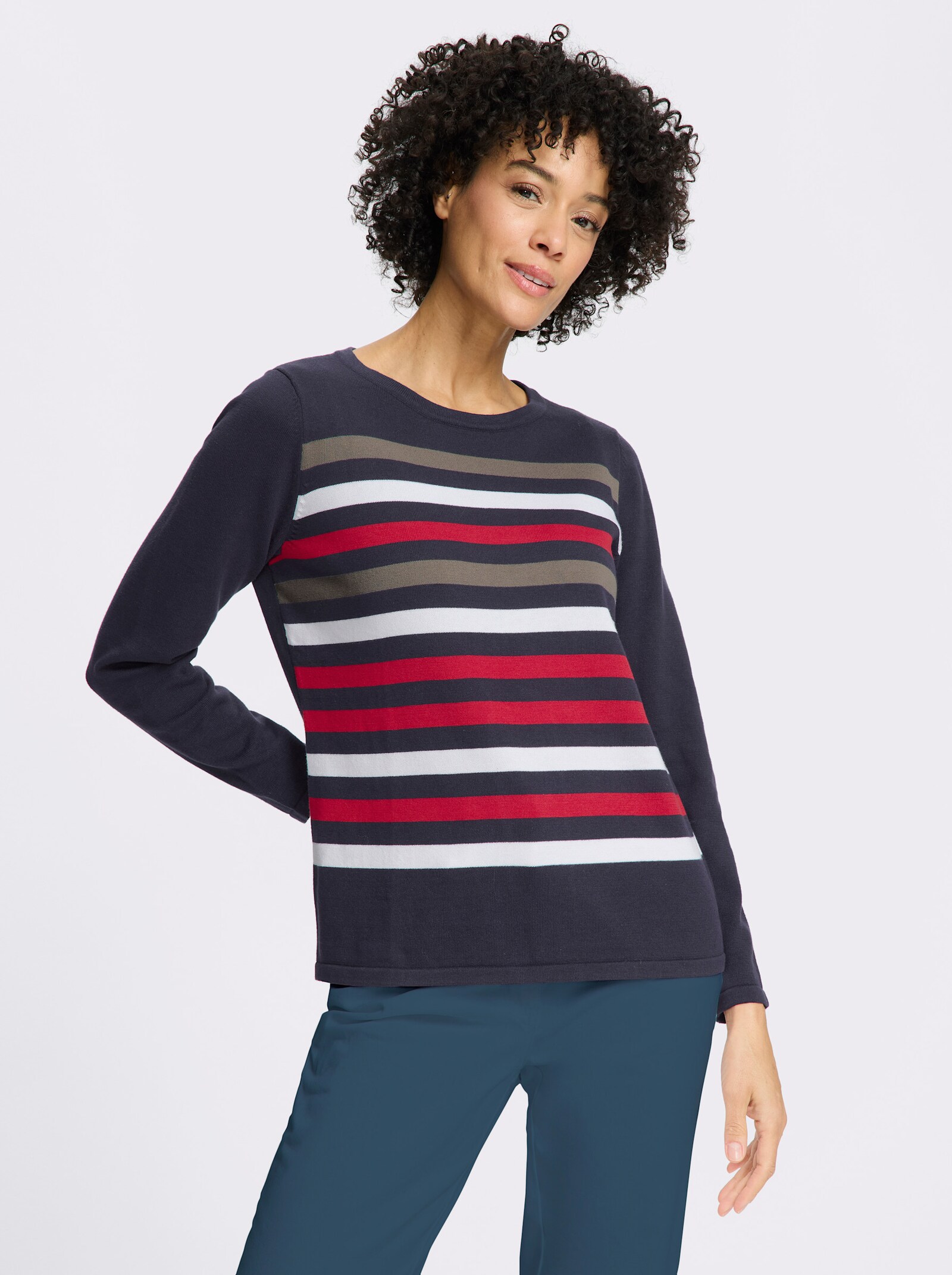 Rundhalspullover aus reiner Baumwoll - marine-rot-geringelt