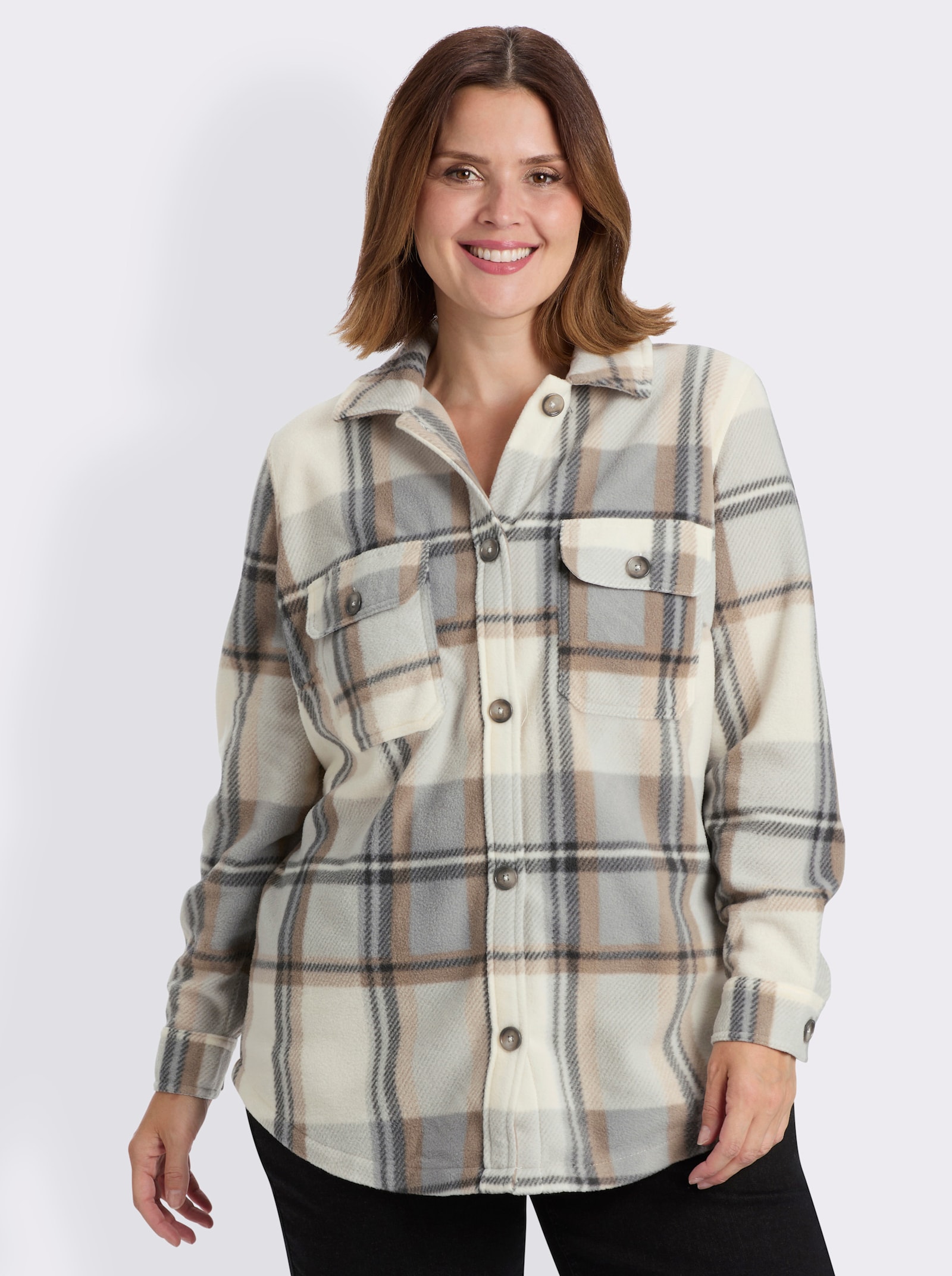 Fleecejacke mit Knöpfen in Horn-Optik - champagner-steingrau-kariert