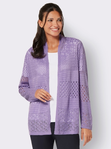 Ajourstrickjacke in langer, offener Form - lavendel