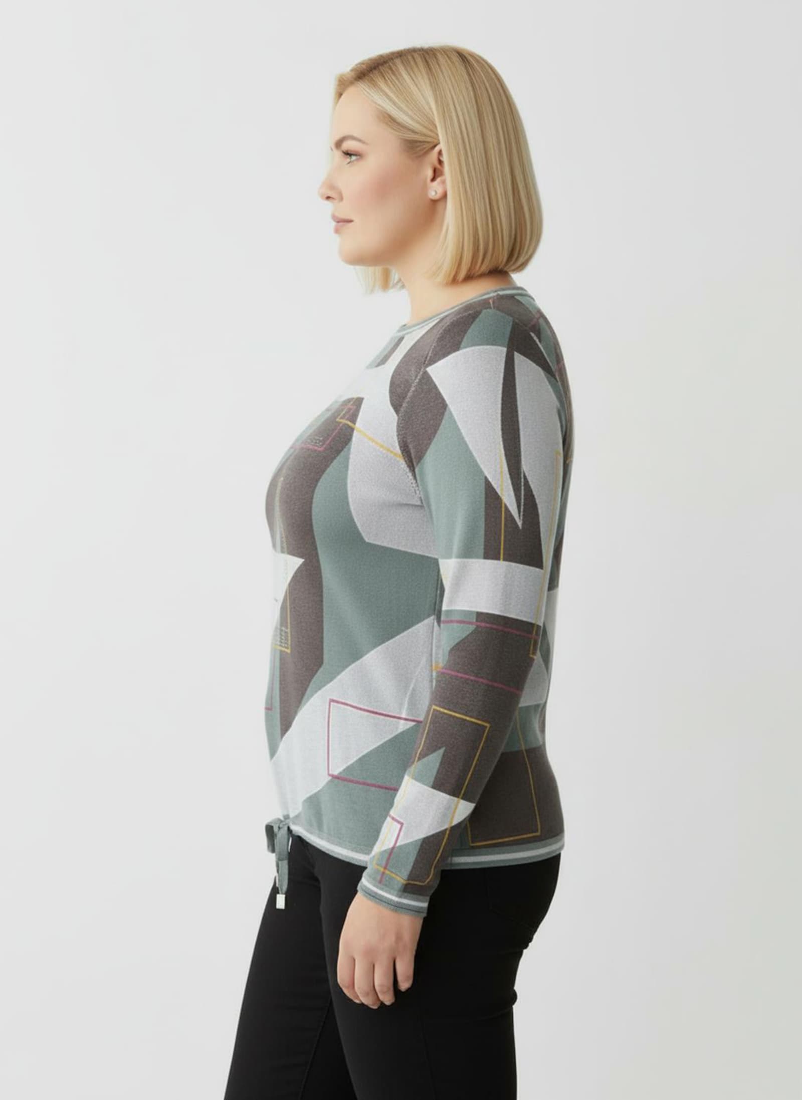 Pullover mit Bindeband am Saum - ecru-graphit-gemustert