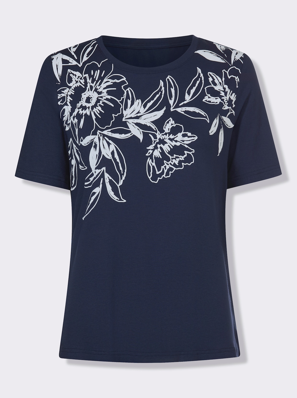 Kurzarmshirt mit floralem Druck - marine-weiß-bedruckt