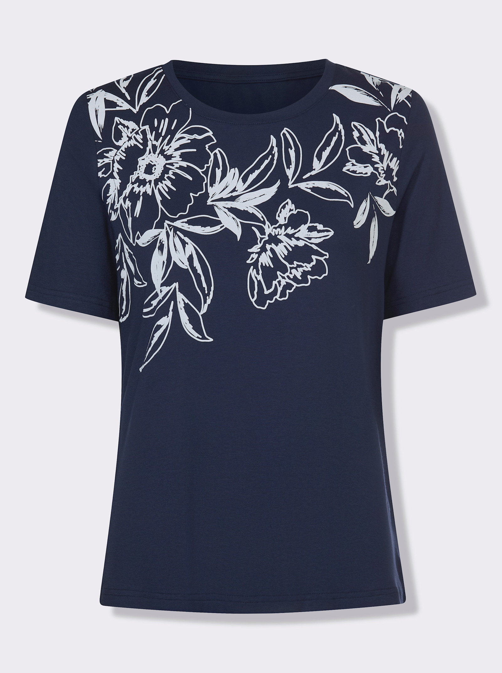 Kortärmad topp med blomtryck - marin-vit, tryckt