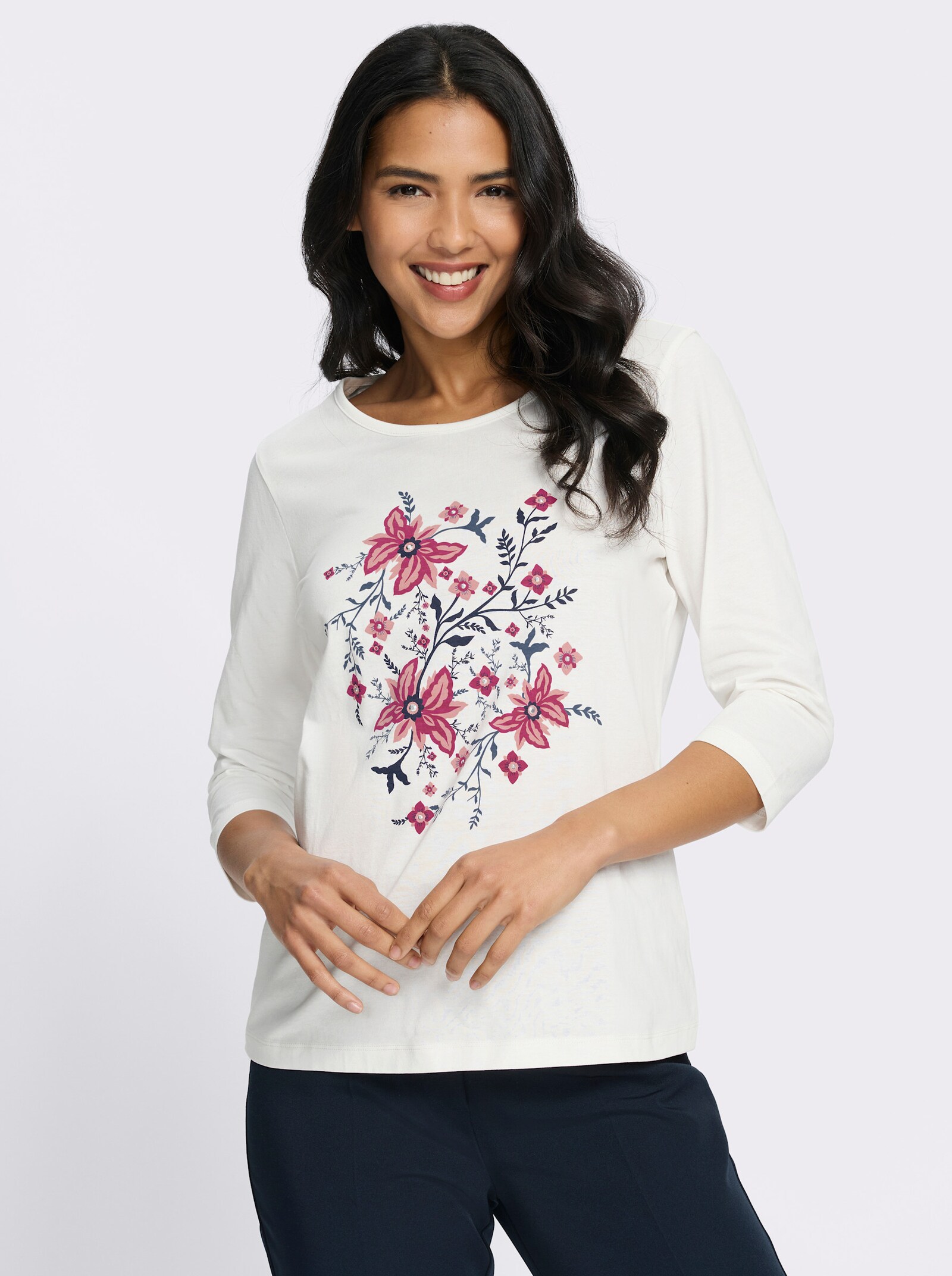 3/4-Arm-Shirt mit Glitzersteinchen - ecru-marine