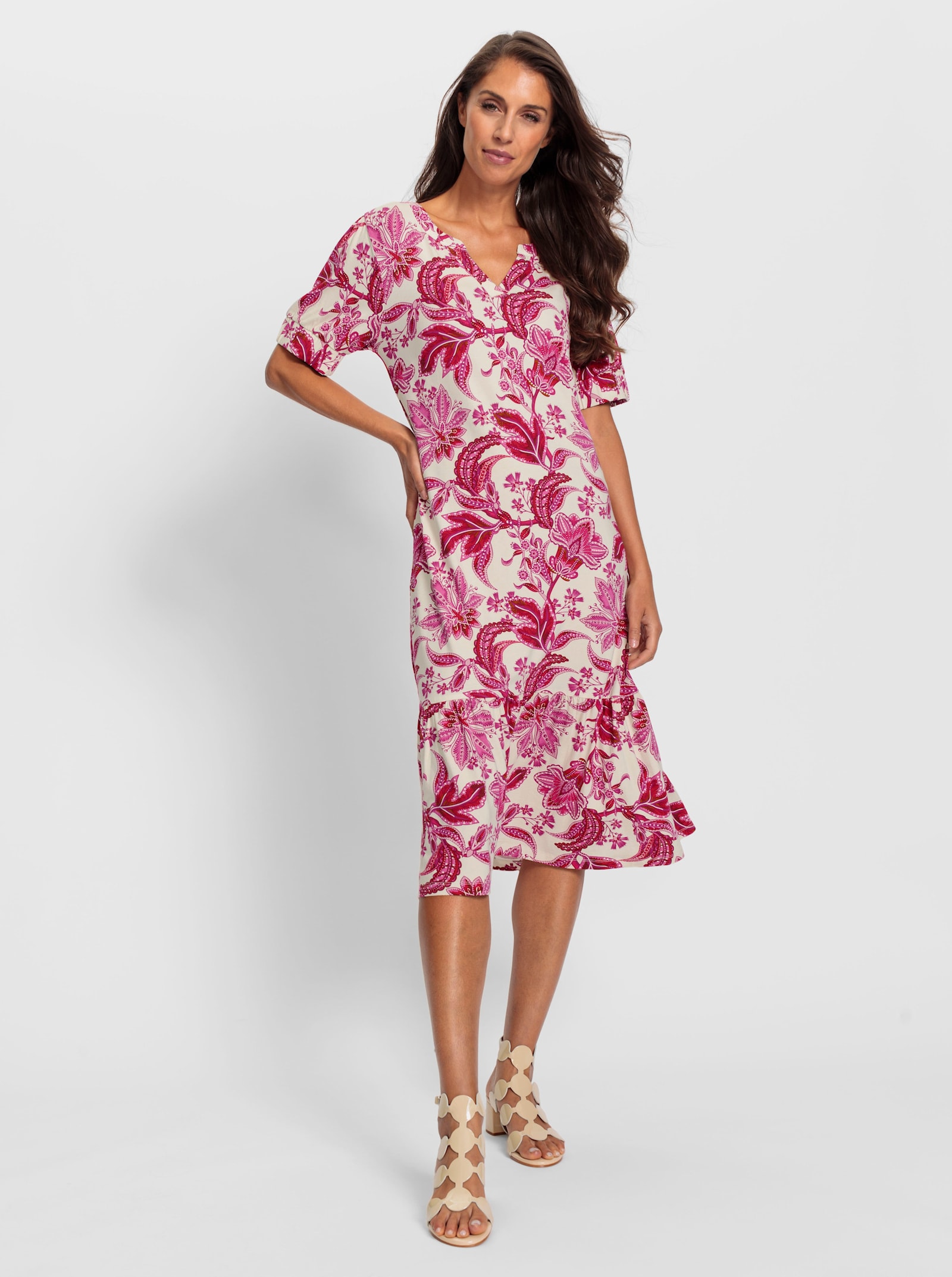 heine Druckkleid mit Puffärmeln - champagner-pink-bedruckt