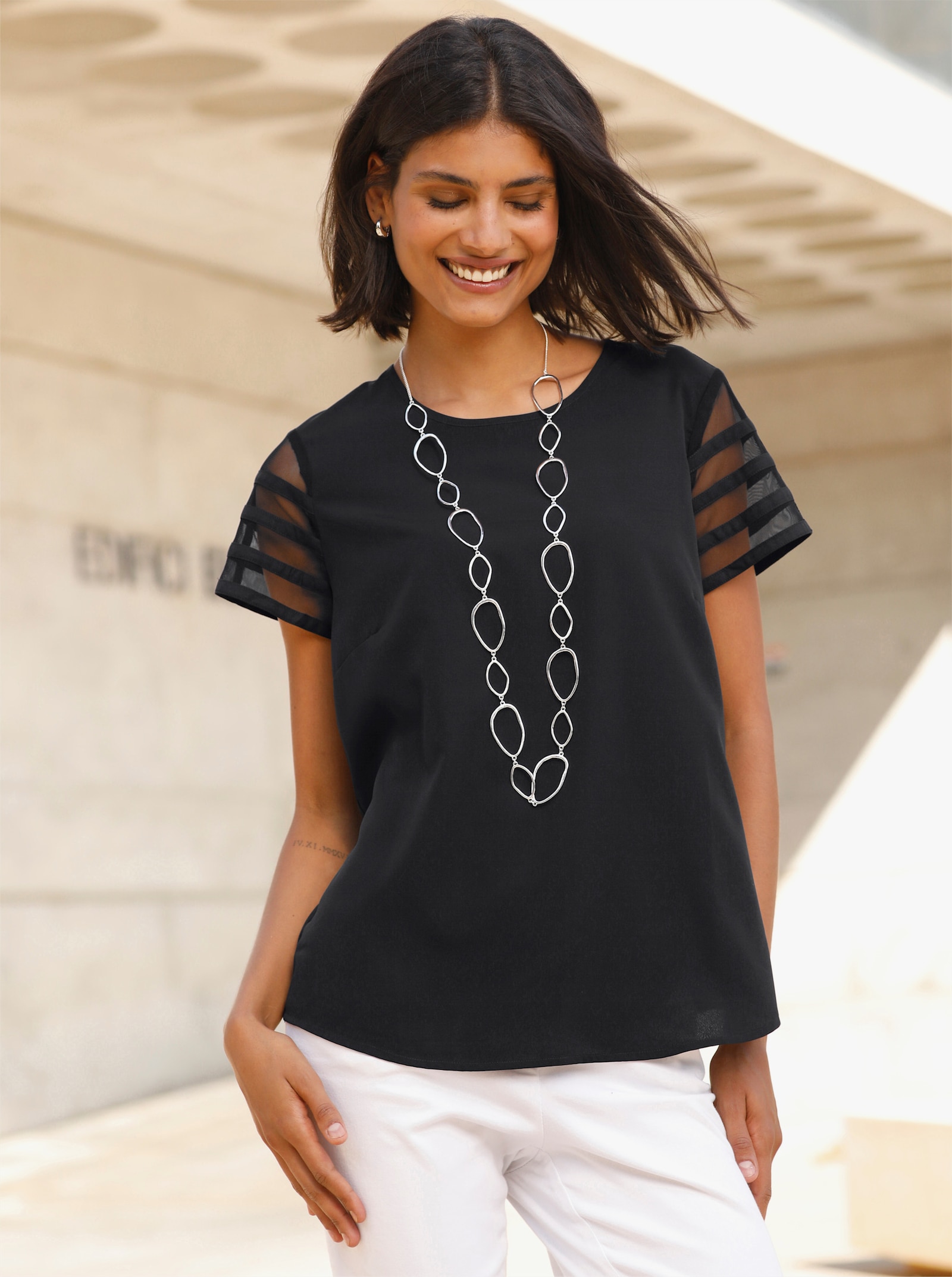 Blouse met korte mouwen van mesh - zwart